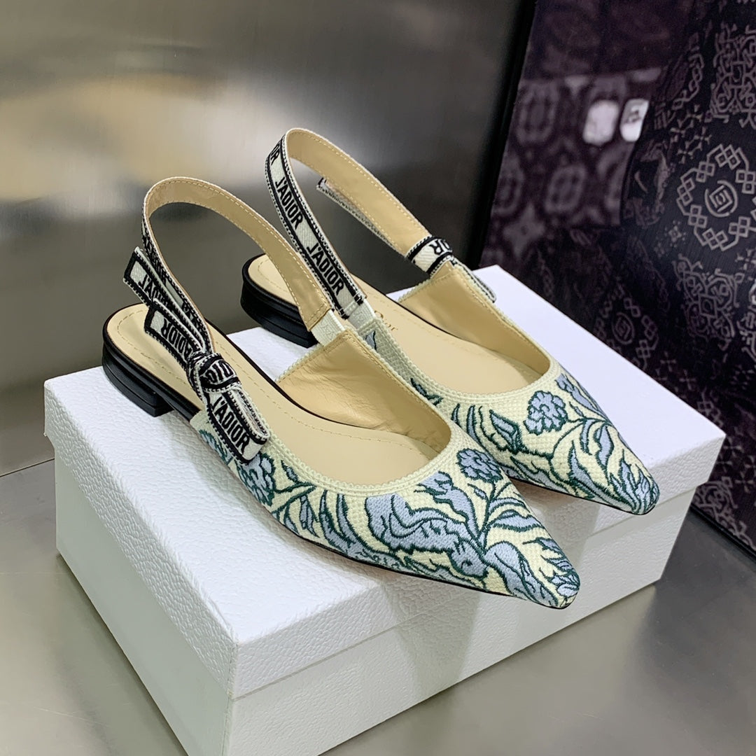 DIOR JA DIOR Slingback Flat Duck Blue Embroidered Cotton with Gold-Tone Metallic Thread