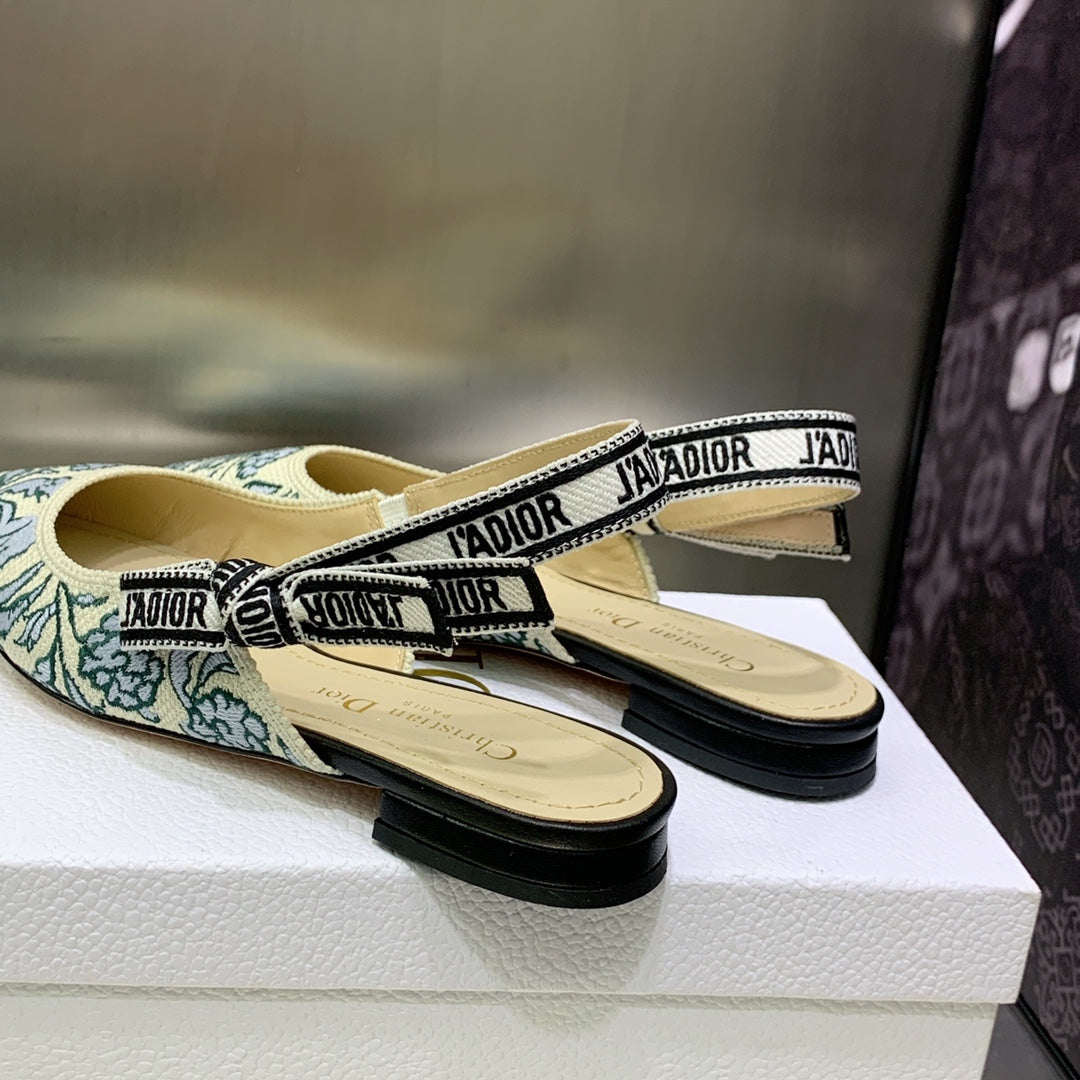 DIOR JA DIOR Slingback Flat Duck Blue Embroidered Cotton with Gold-Tone Metallic Thread