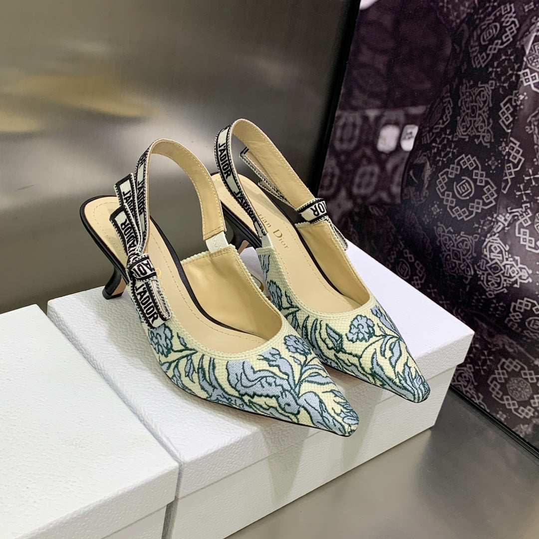 DIOR JA DIOR Slingback Pump 65 Duck Blue Embroidered Cotton with Gold-Tone Metallic Thread