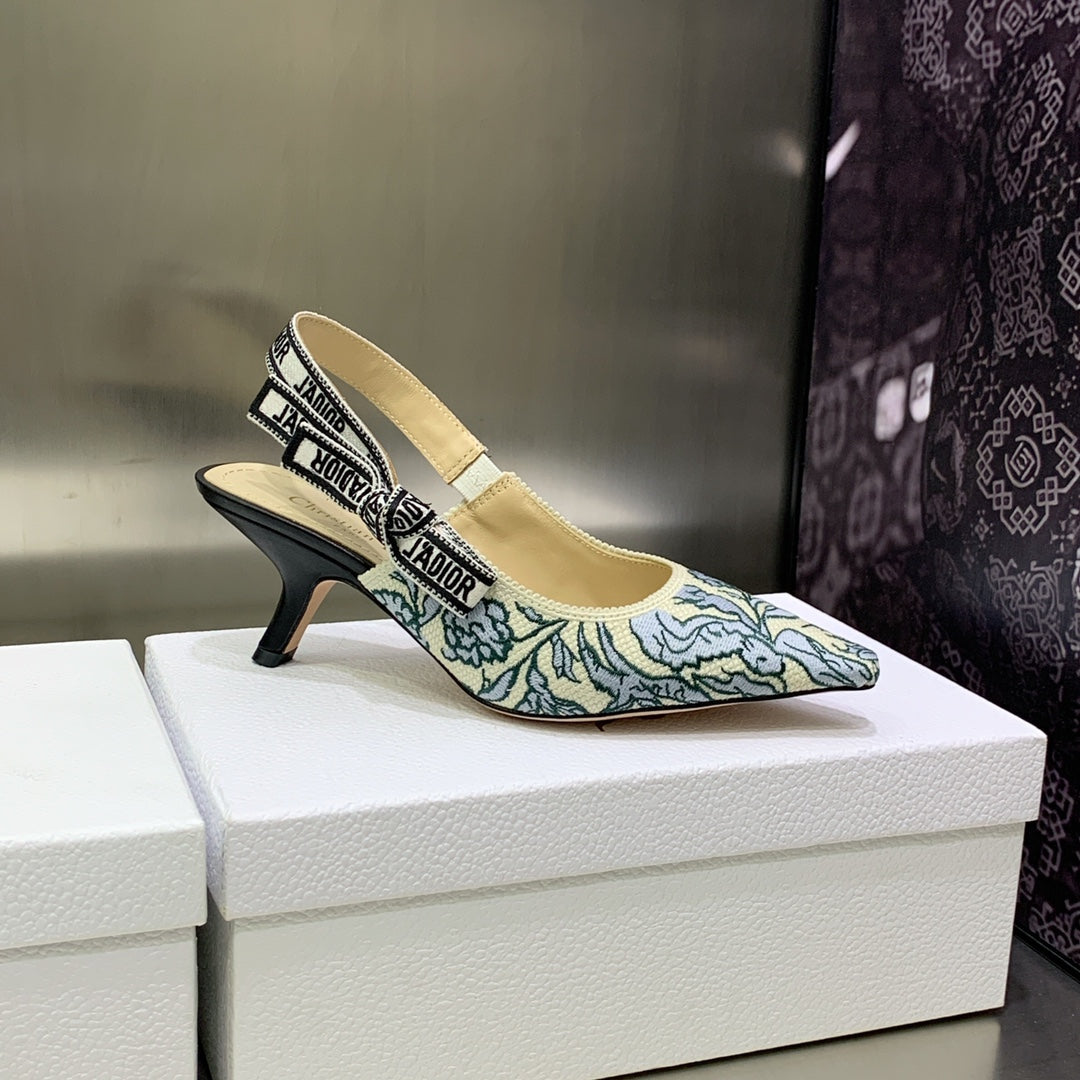 DIOR JA DIOR Slingback Pump 65 Duck Blue Embroidered Cotton with Gold-Tone Metallic Thread