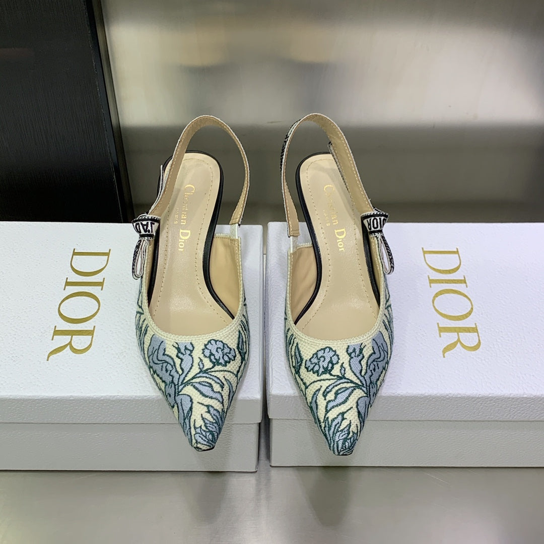 DIOR JA DIOR Slingback Pump 65 Duck Blue Embroidered Cotton with Gold-Tone Metallic Thread