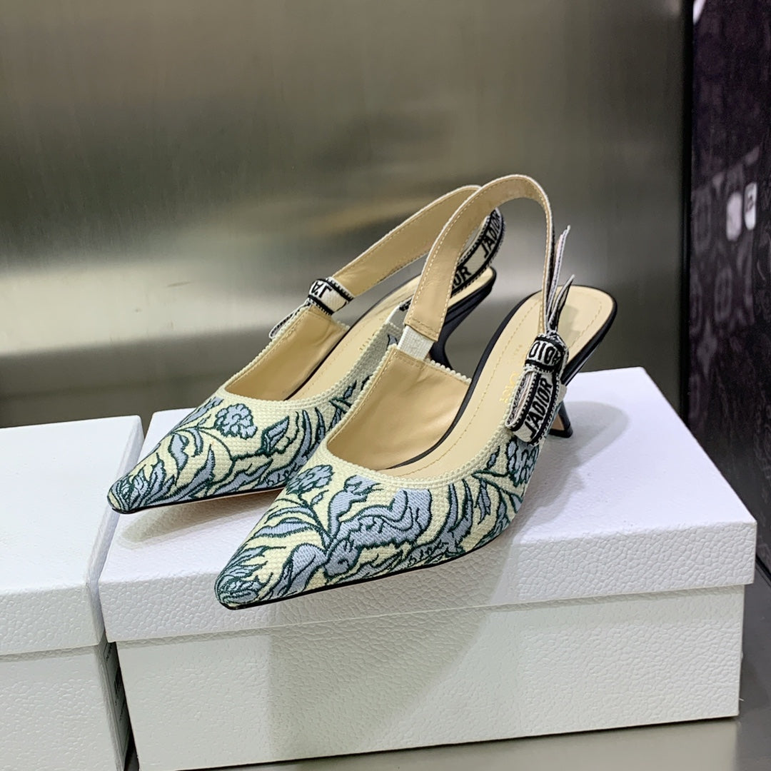 DIOR JA DIOR Slingback Pump 65 Duck Blue Embroidered Cotton with Gold-Tone Metallic Thread