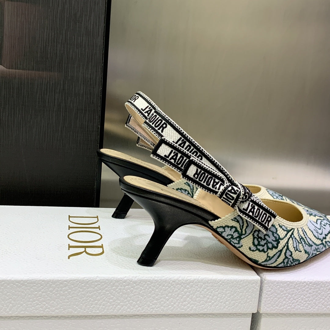 DIOR JA DIOR Slingback Pump 65 Duck Blue Embroidered Cotton with Gold-Tone Metallic Thread