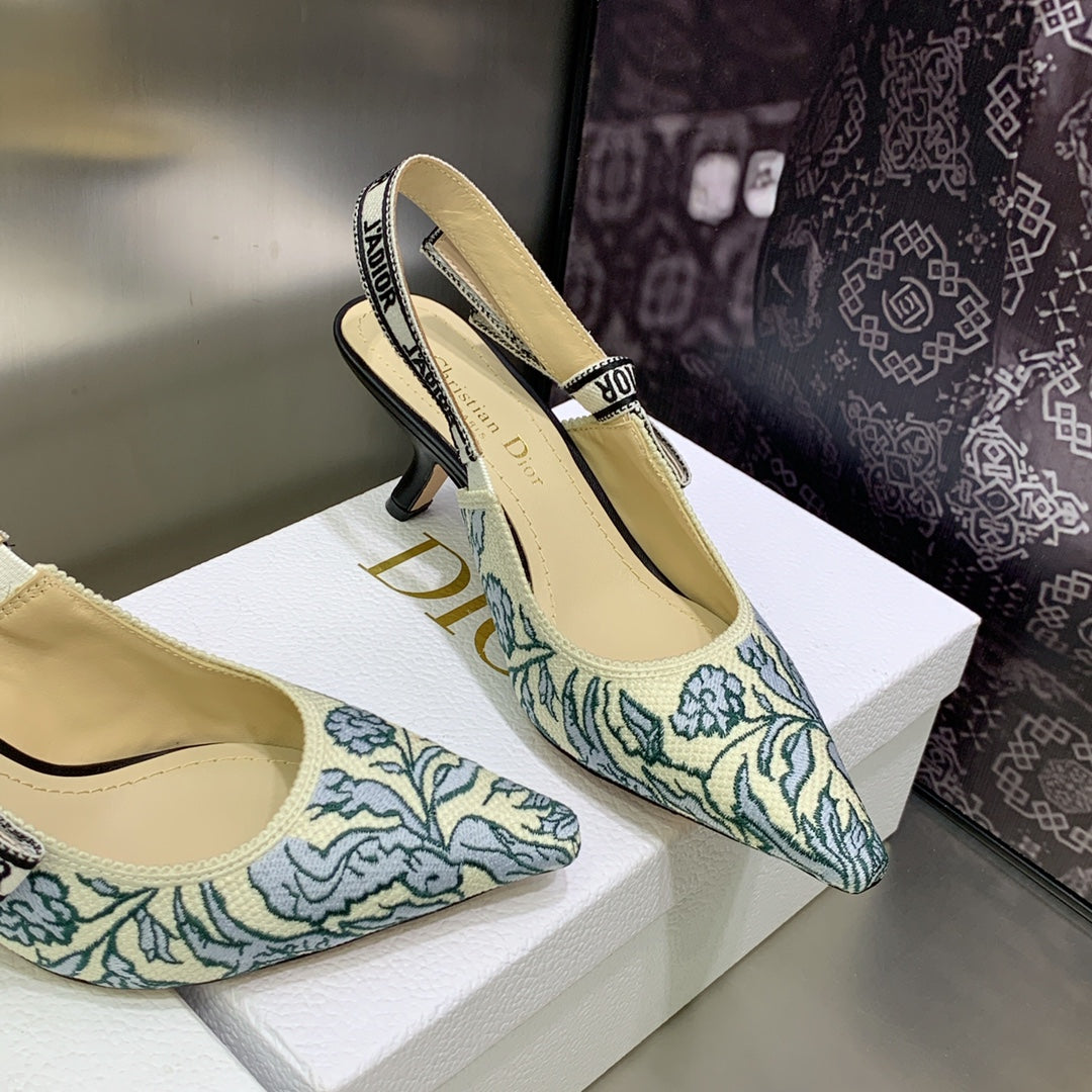 DIOR JA DIOR Slingback Pump 65 Duck Blue Embroidered Cotton with Gold-Tone Metallic Thread
