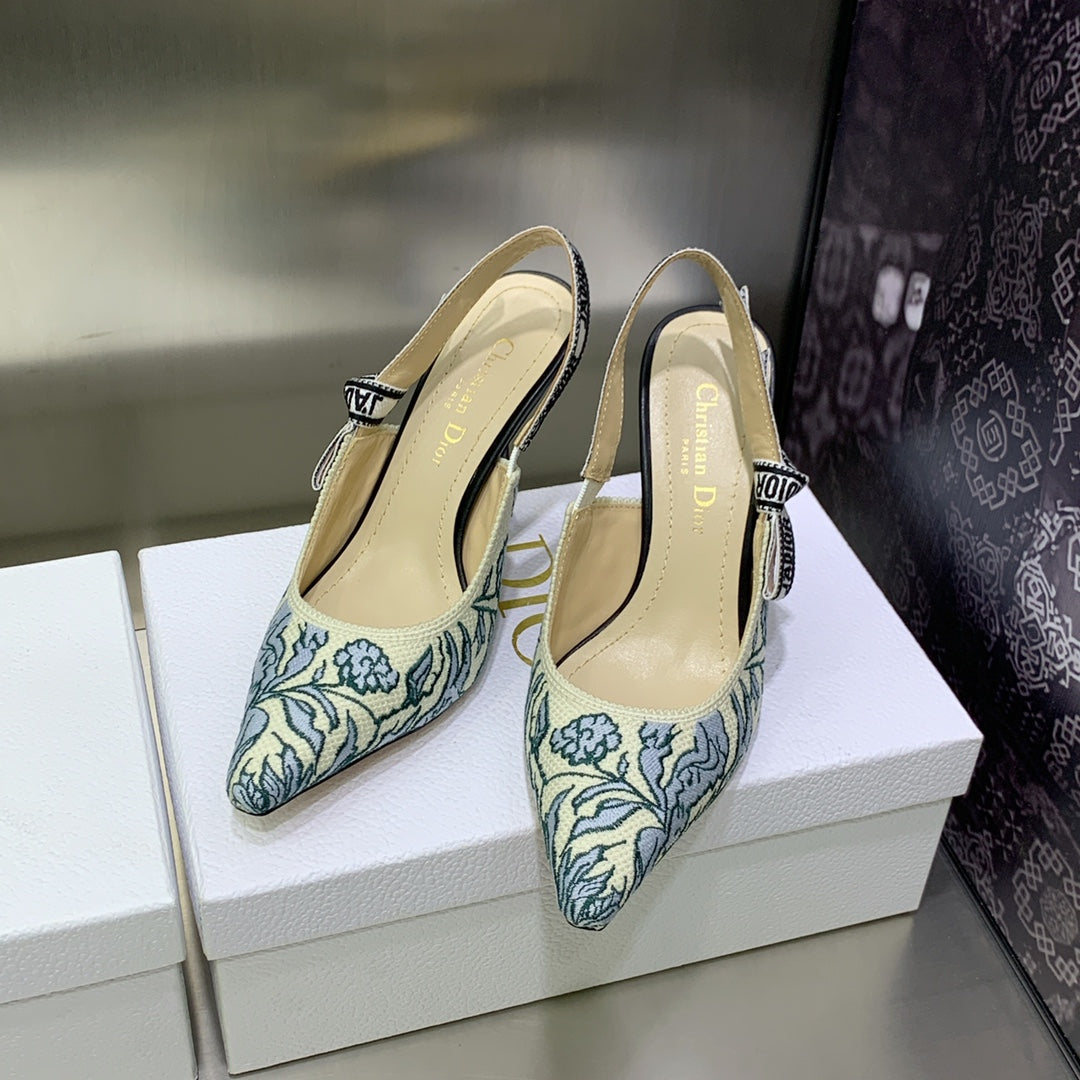 DIOR JA DIOR Slingback Pump 95 Duck Blue Embroidered Cotton with Gold-Tone Metallic Thread