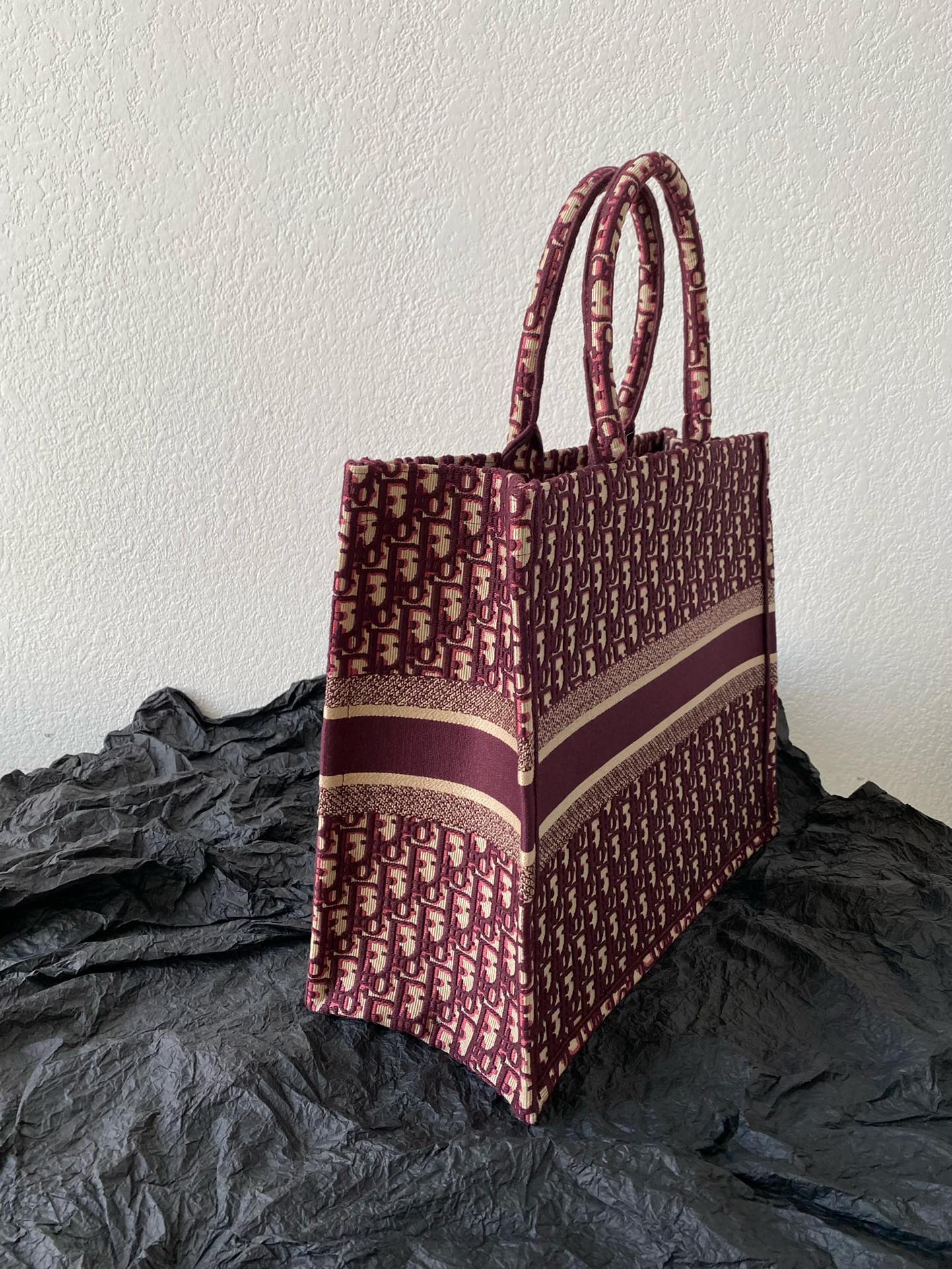 DIOR Large Book Tote 42cm Burgundy Retro Style D Letter Embroidery