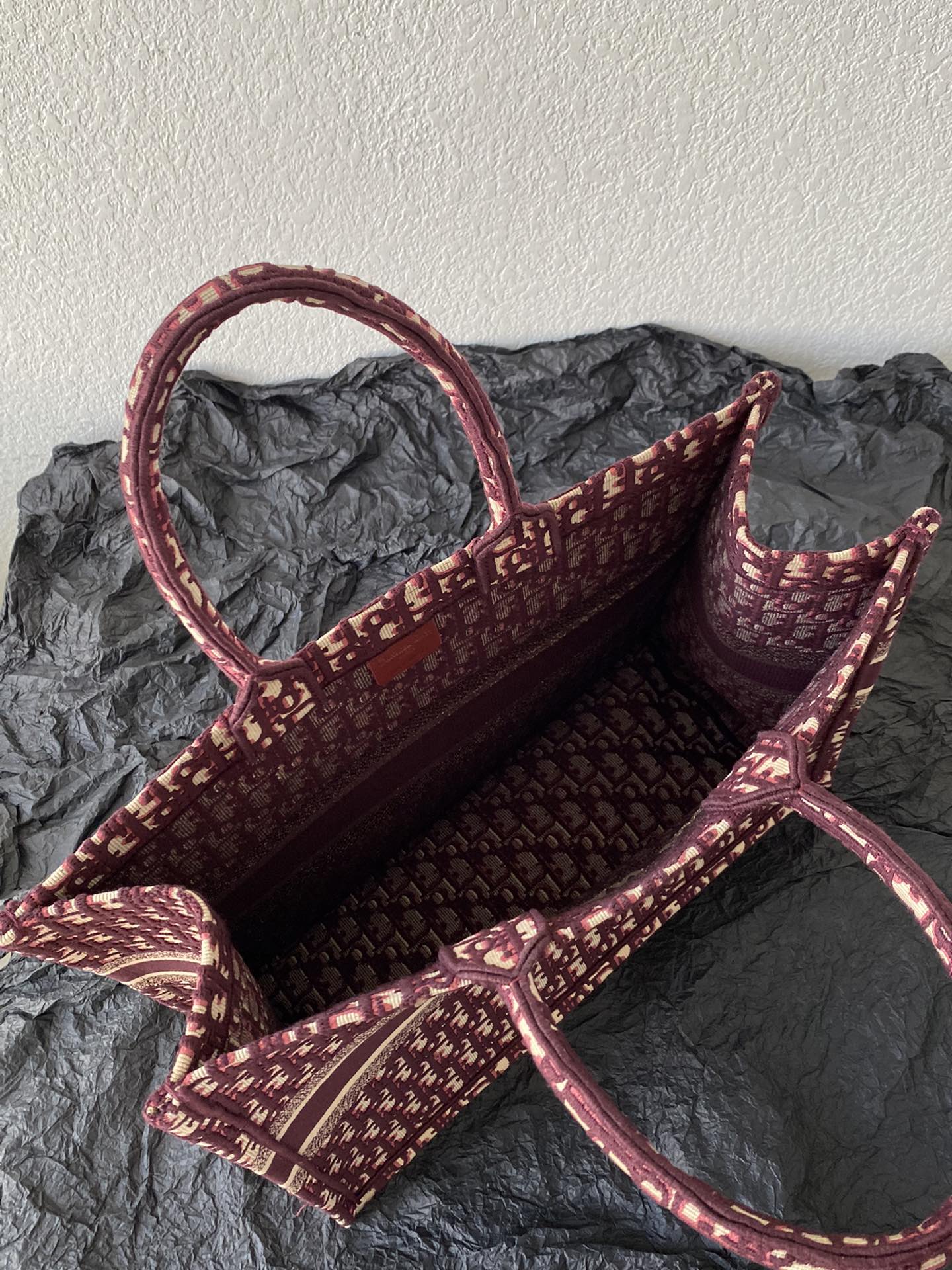 DIOR Large Book Tote 42cm Burgundy Retro Style D Letter Embroidery