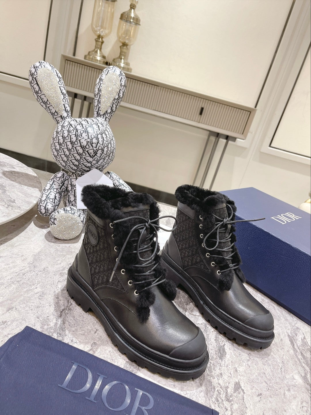 DIOR Explorer Ankle Boot 50mm Black Fleece Lining Oblique Jacquard Fabric And Cowhide
