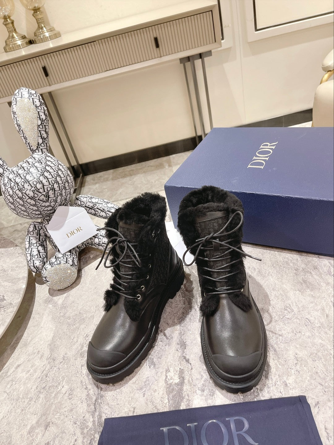 DIOR Explorer Ankle Boot 50mm Black Fleece Lining Oblique Jacquard Fabric And Cowhide