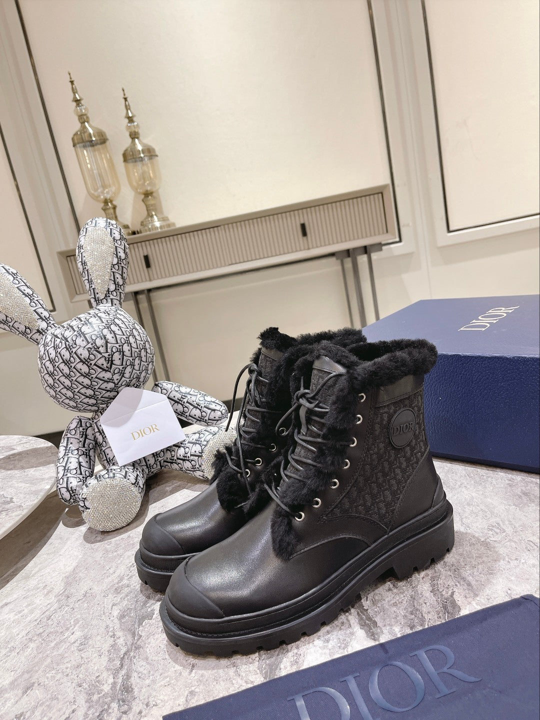 DIOR Explorer Ankle Boot 50mm Black Fleece Lining Oblique Jacquard Fabric And Cowhide