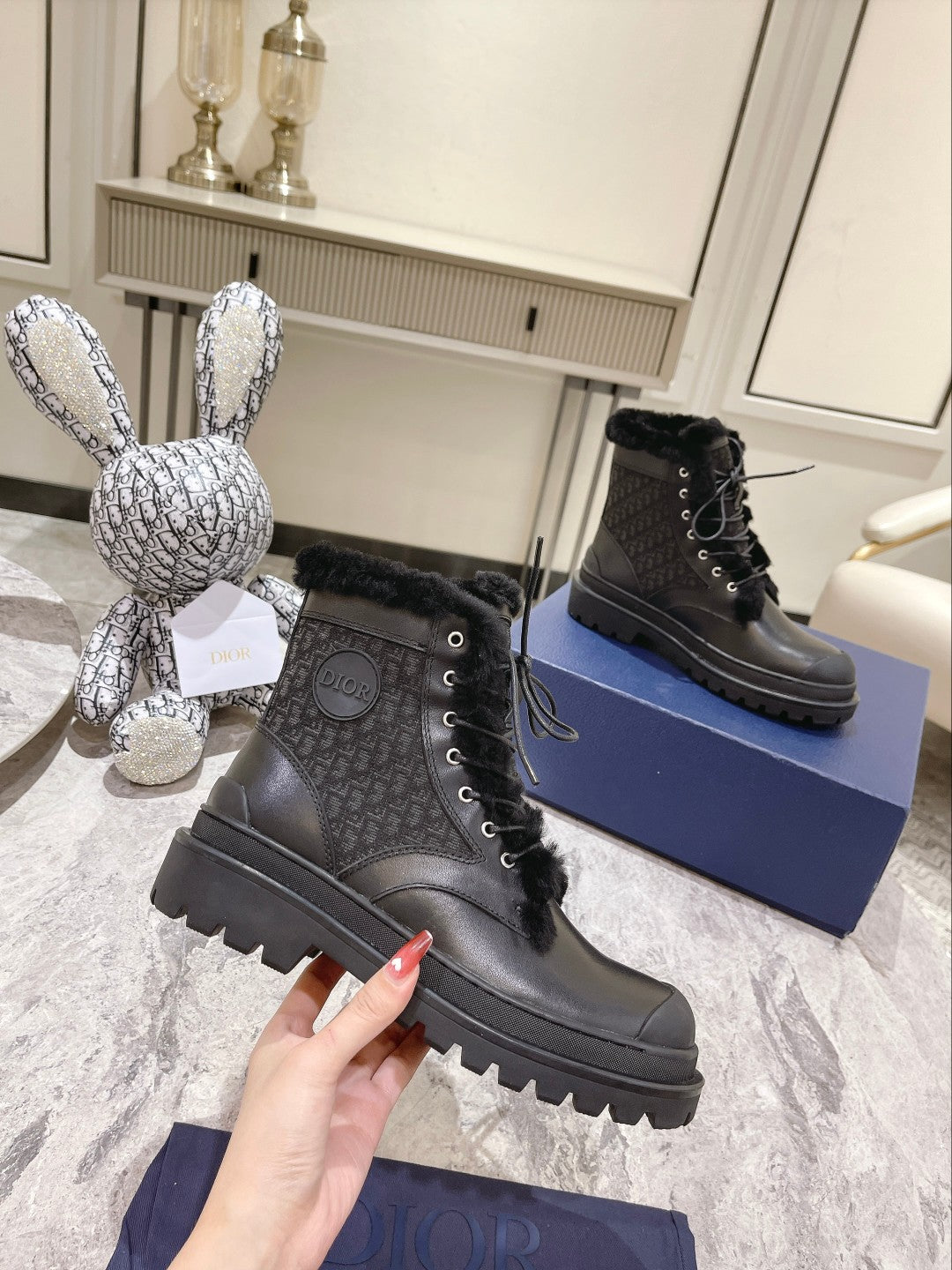 DIOR Explorer Ankle Boot 50mm Black Fleece Lining Oblique Jacquard Fabric And Cowhide