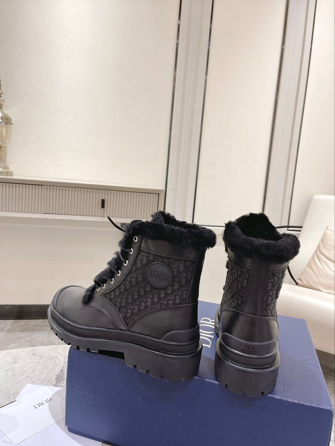 DIOR Explorer Ankle Boot 50mm Black Fleece Lining Oblique Jacquard Fabric And Cowhide