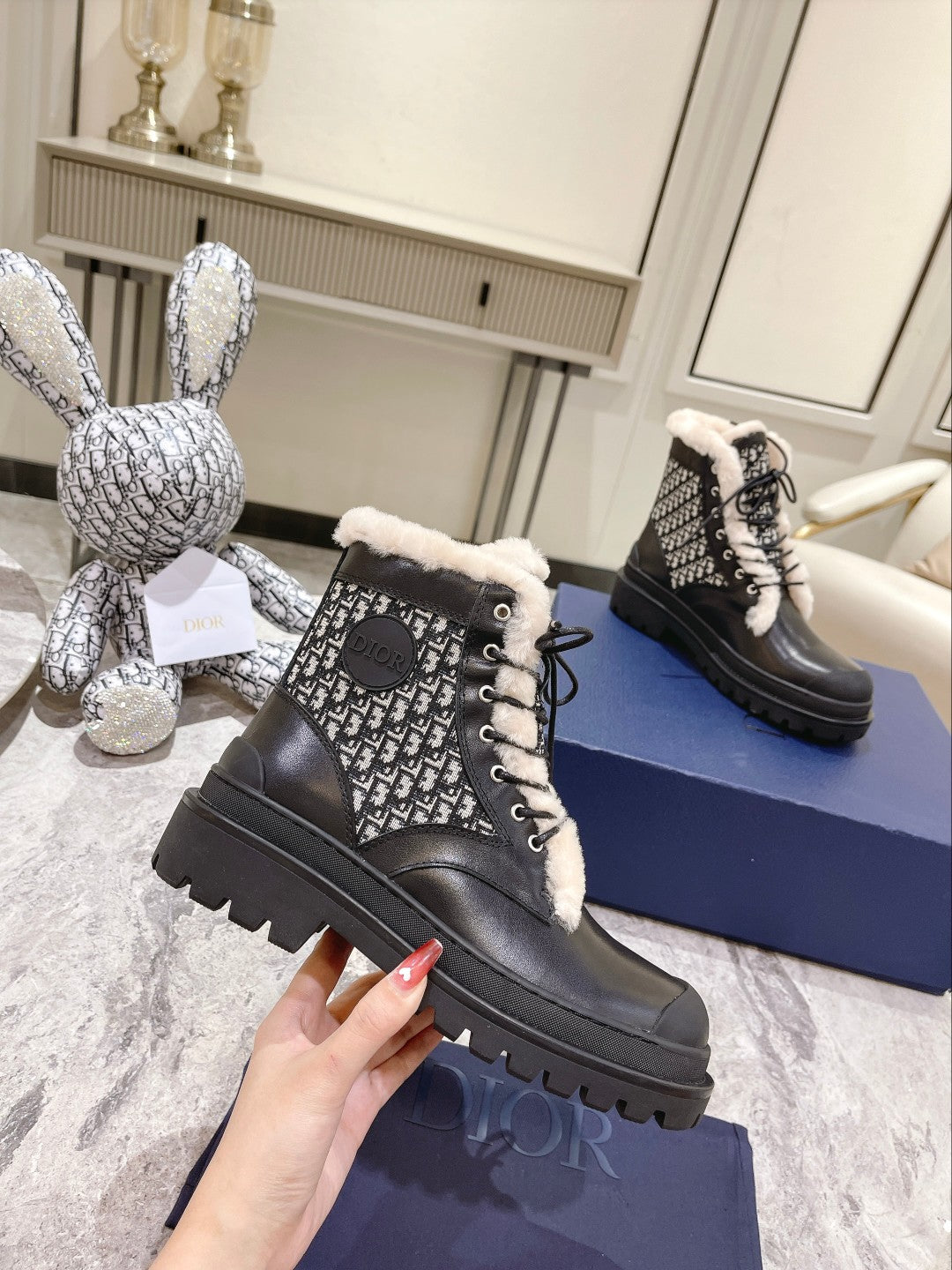 DIOR Explorer Ankle Boot 50mm Black White Fleece Lining Oblique Jacquard Fabric And Cowhide