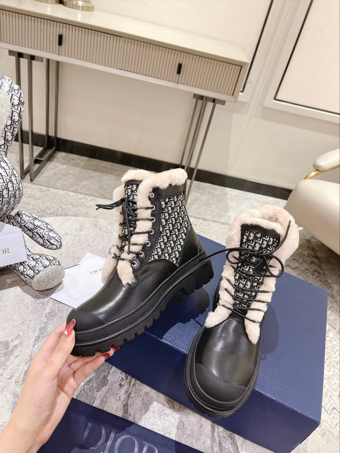 DIOR Explorer Ankle Boot 50mm Black White Fleece Lining Oblique Jacquard Fabric And Cowhide