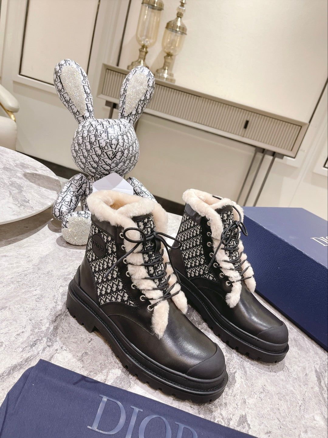 DIOR Explorer Ankle Boot 50mm Black White Fleece Lining Oblique Jacquard Fabric And Cowhide