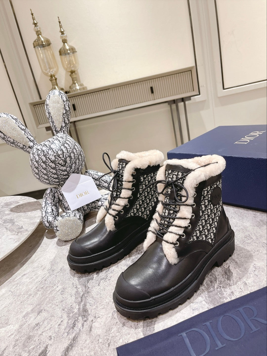 DIOR Explorer Ankle Boot 50mm Black White Fleece Lining Oblique Jacquard Fabric And Cowhide
