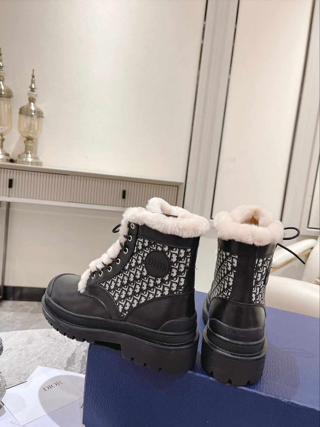 DIOR Explorer Ankle Boot 50mm Black White Fleece Lining Oblique Jacquard Fabric And Cowhide