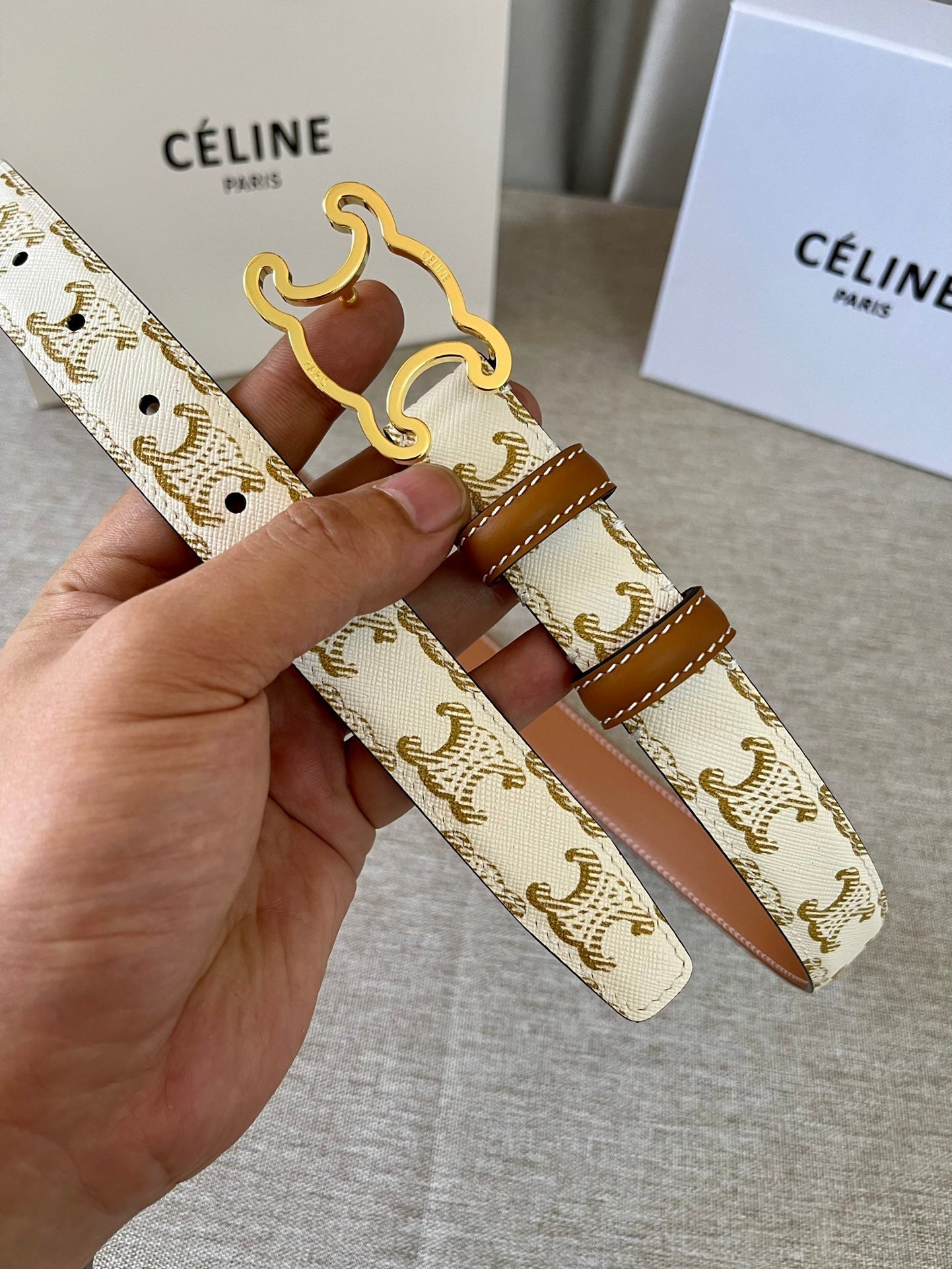Celine CL logo Cut-out Belt 25mm White Tan Triomphe Canvas Ghw