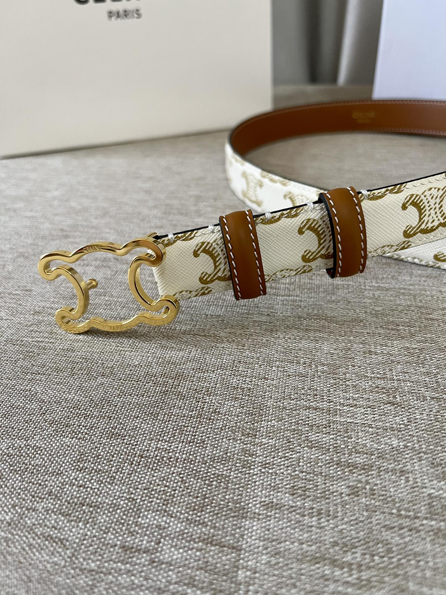 Celine CL logo Cut-out Belt 25mm White Tan Triomphe Canvas Ghw