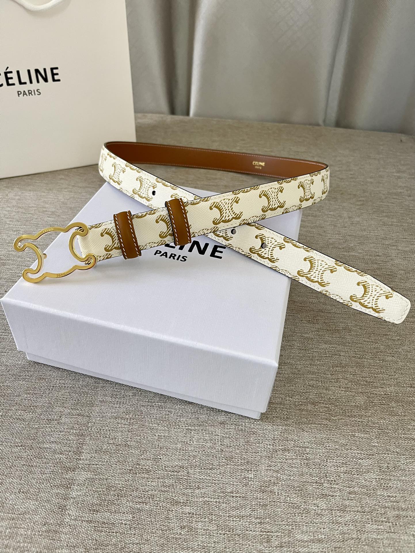 Celine CL logo Cut-out Belt 25mm White Tan Triomphe Canvas Ghw