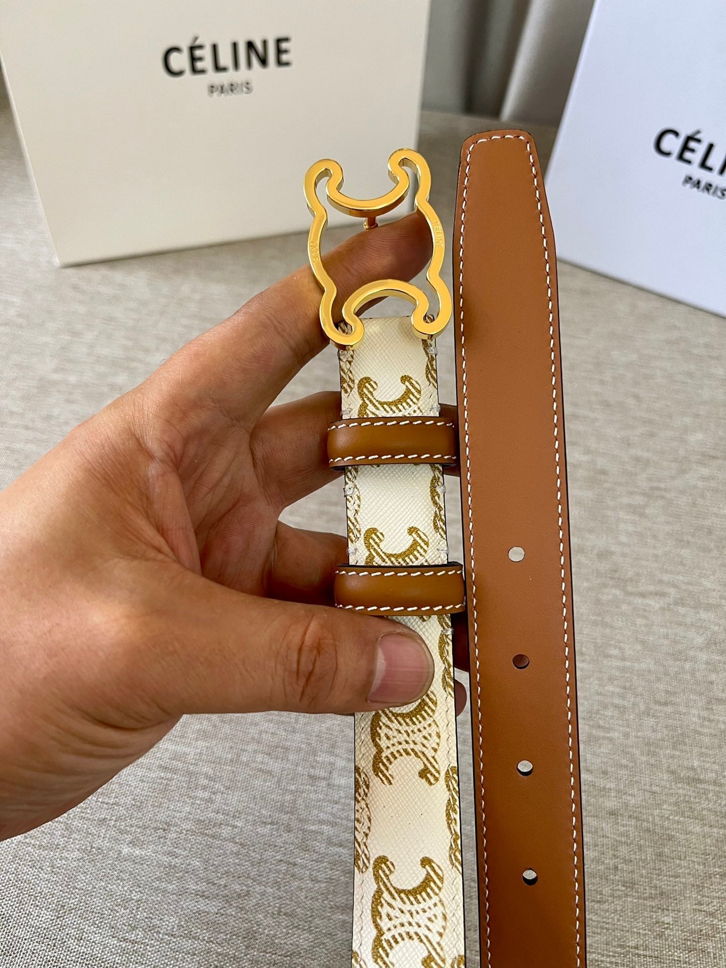 Celine CL logo Cut-out Belt 25mm White Tan Triomphe Canvas Ghw