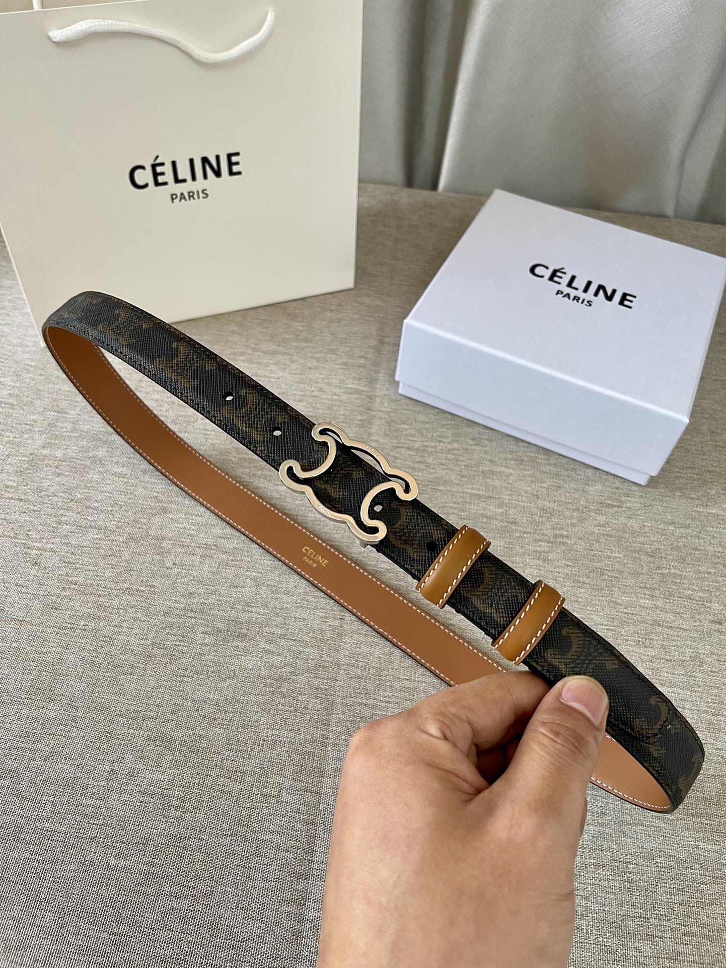 Celine CL logo Cut-out Belt 25mm Black Tan Triomphe Canvas Shw