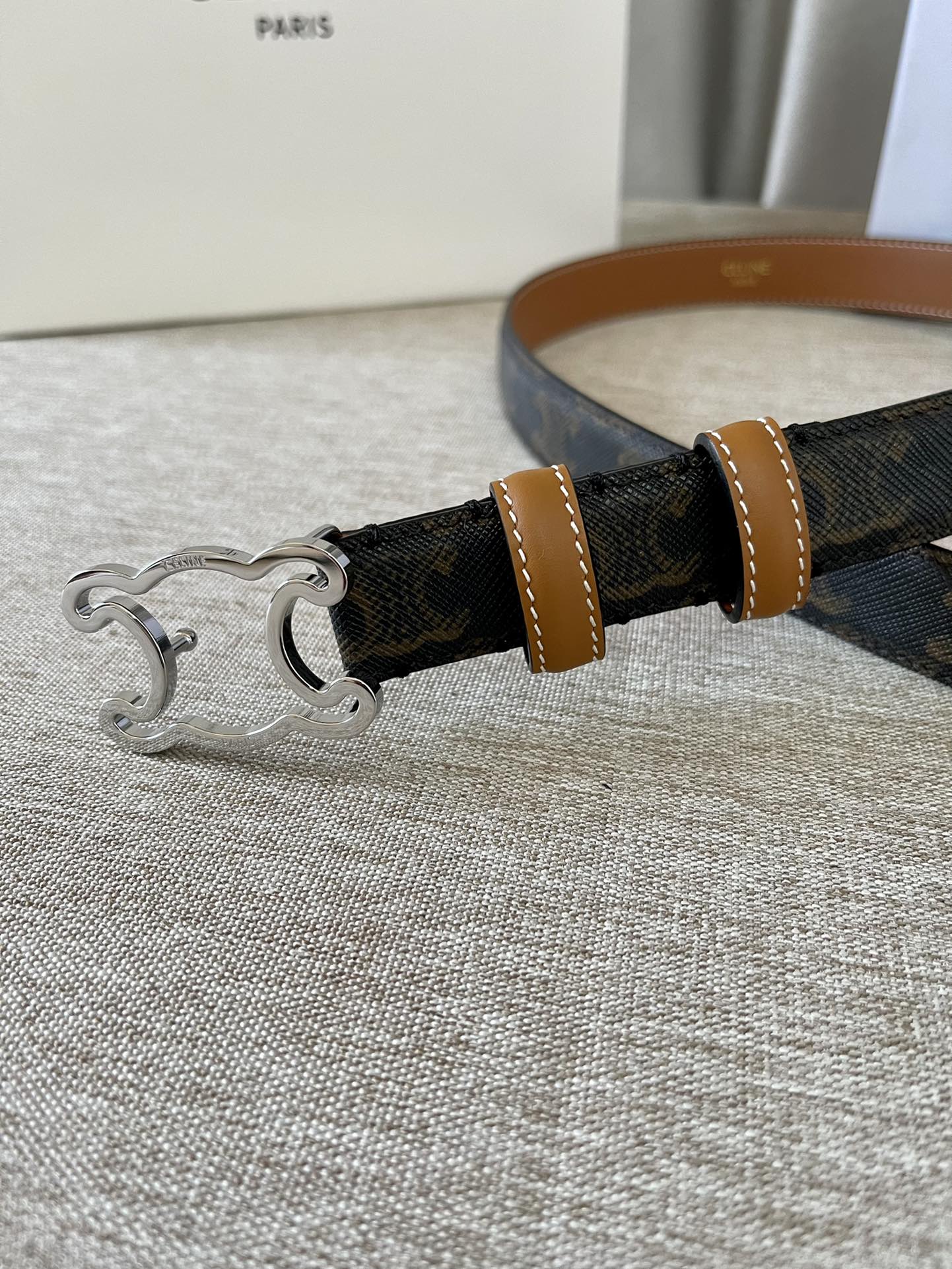 Celine CL logo Cut-out Belt 25mm Black Tan Triomphe Canvas Shw