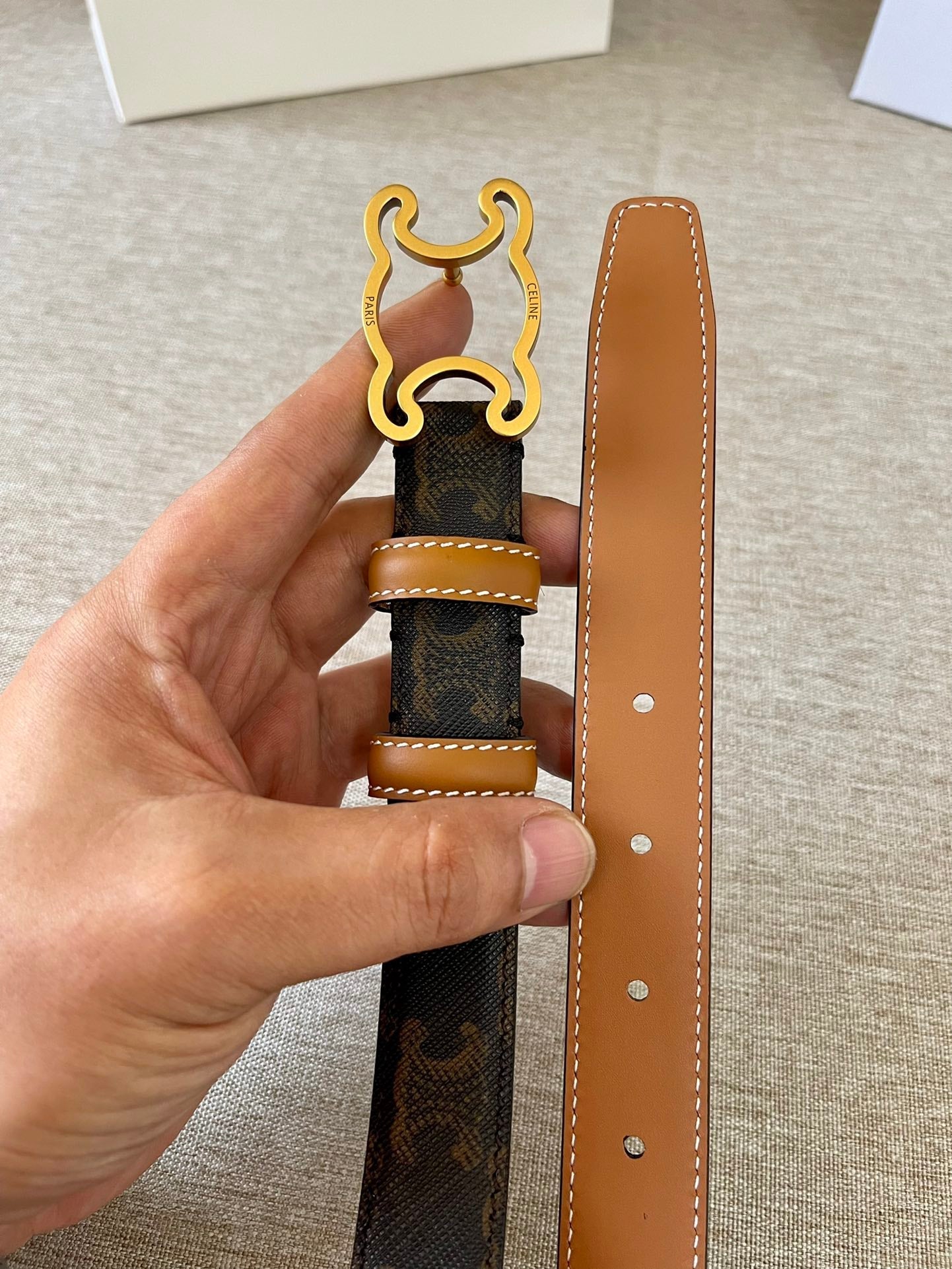 Celine CL logo Cut-out Belt 25mm Black Tan Triomphe Canvas Ghw
