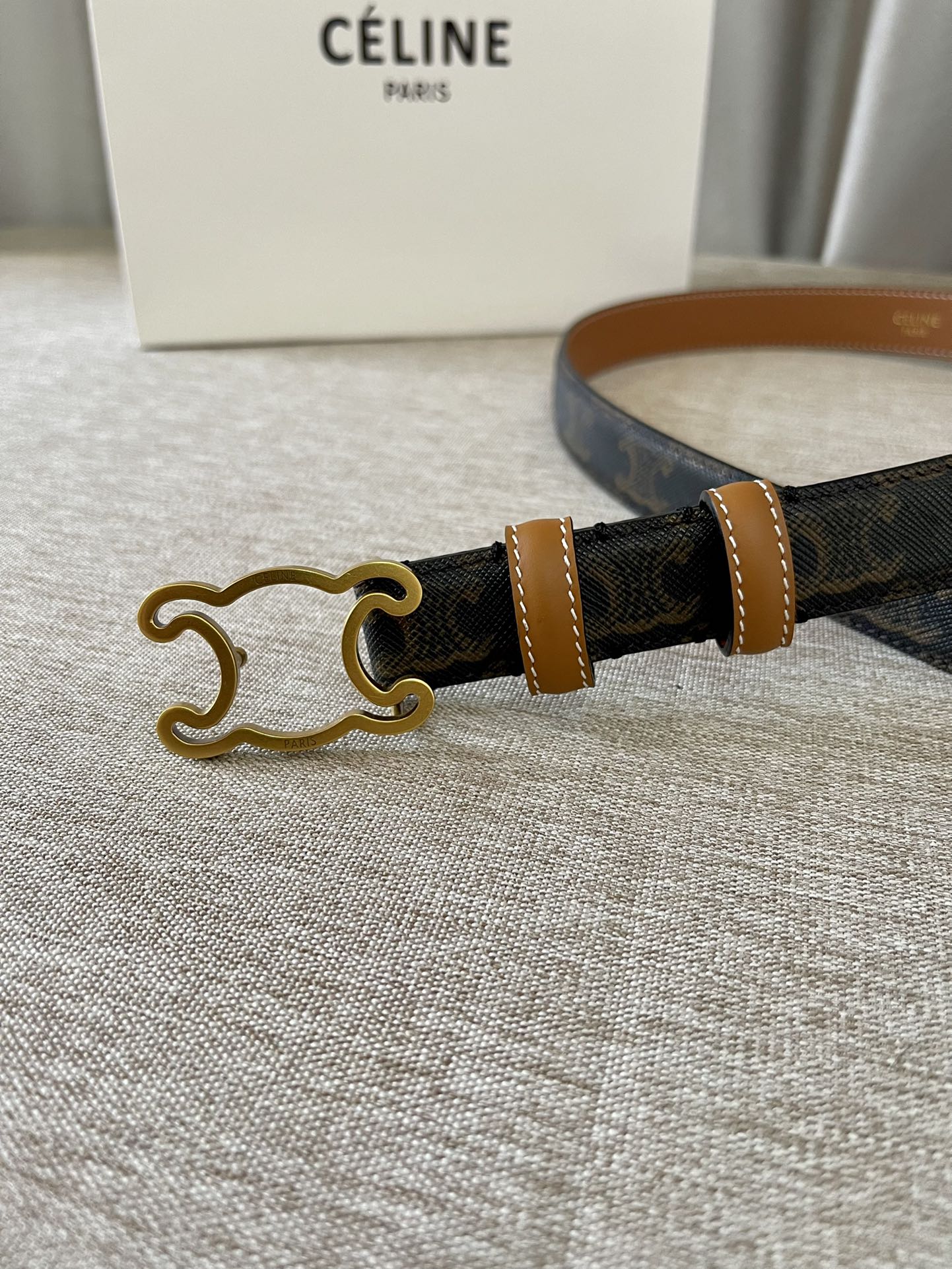 Celine CL logo Cut-out Belt 25mm Black Tan Triomphe Canvas Ghw