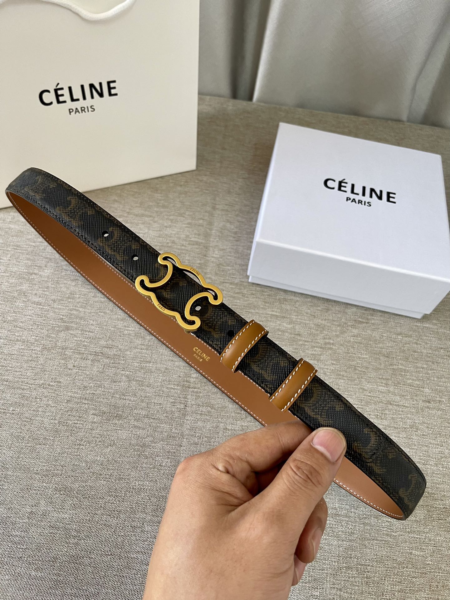Celine CL logo Cut-out Belt 25mm Black Tan Triomphe Canvas Ghw