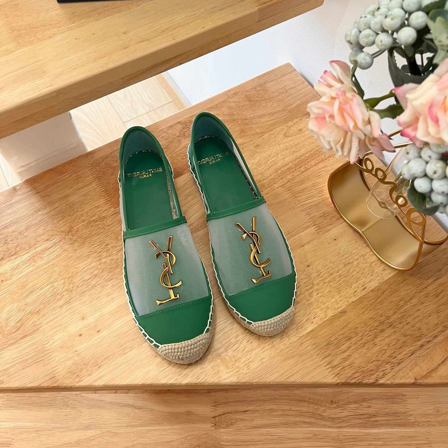 Saint Laurent SL YVES LOGO SLIP ON DARK GREEN CALFSKIN AND MESH