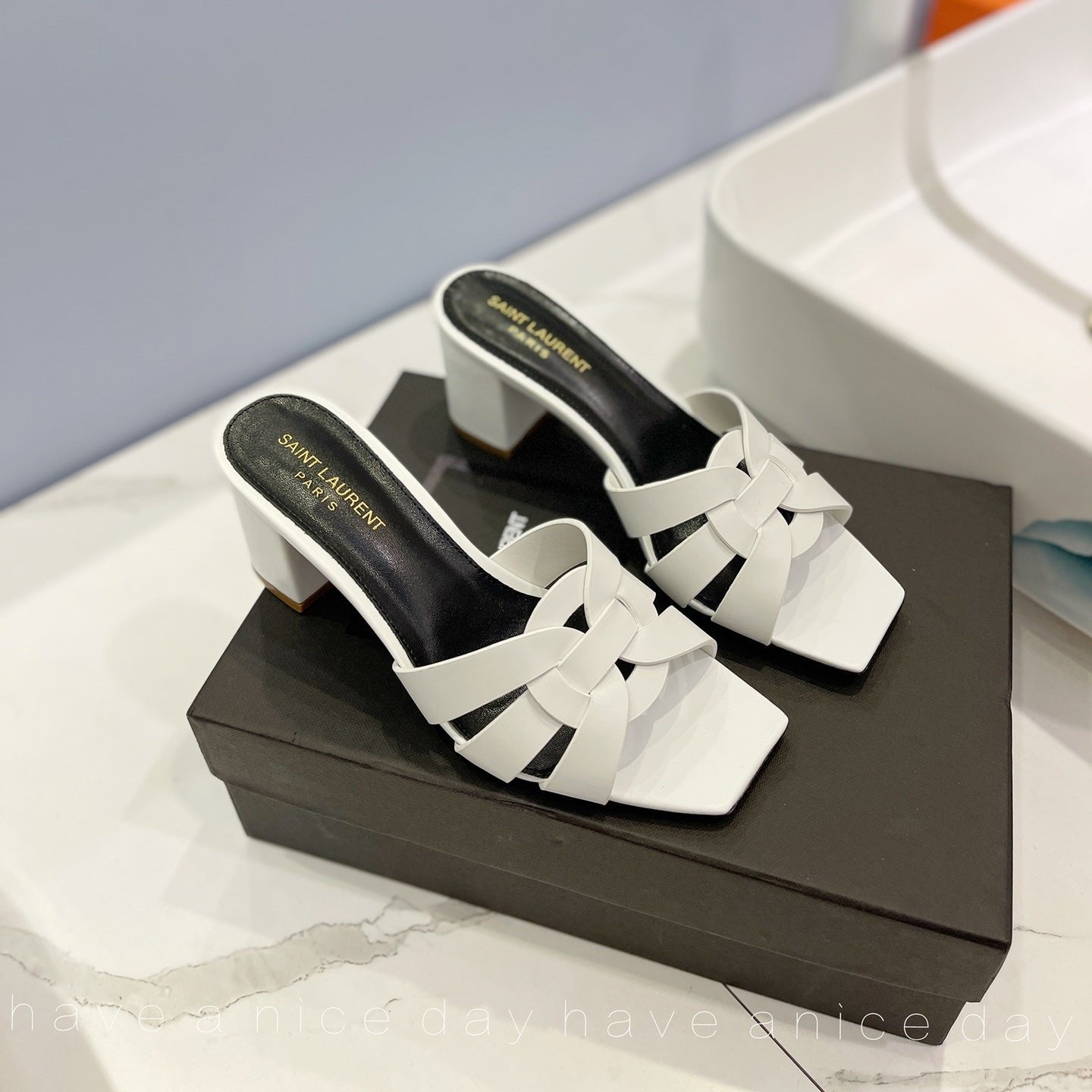 Saint Laurent SL TRIBUTE MULES WHITE CALFSKIN