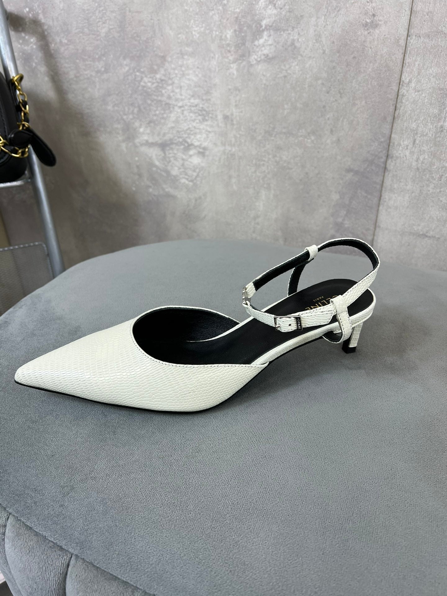 Celine cl kitten with strap 45 white lizard stamped calfskin
