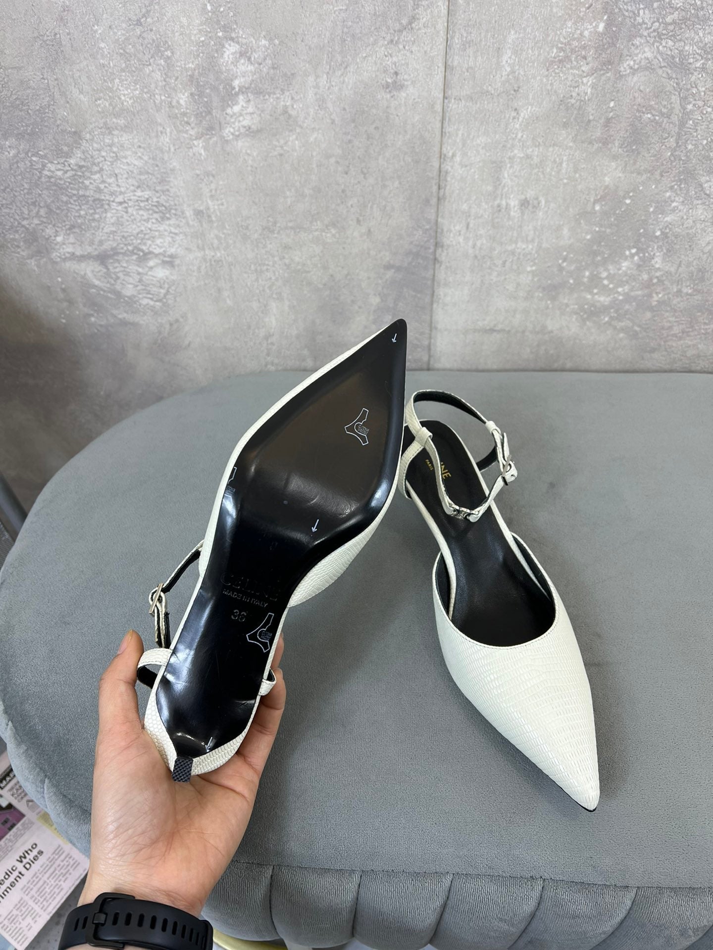 Celine cl kitten with strap 45 white lizard stamped calfskin