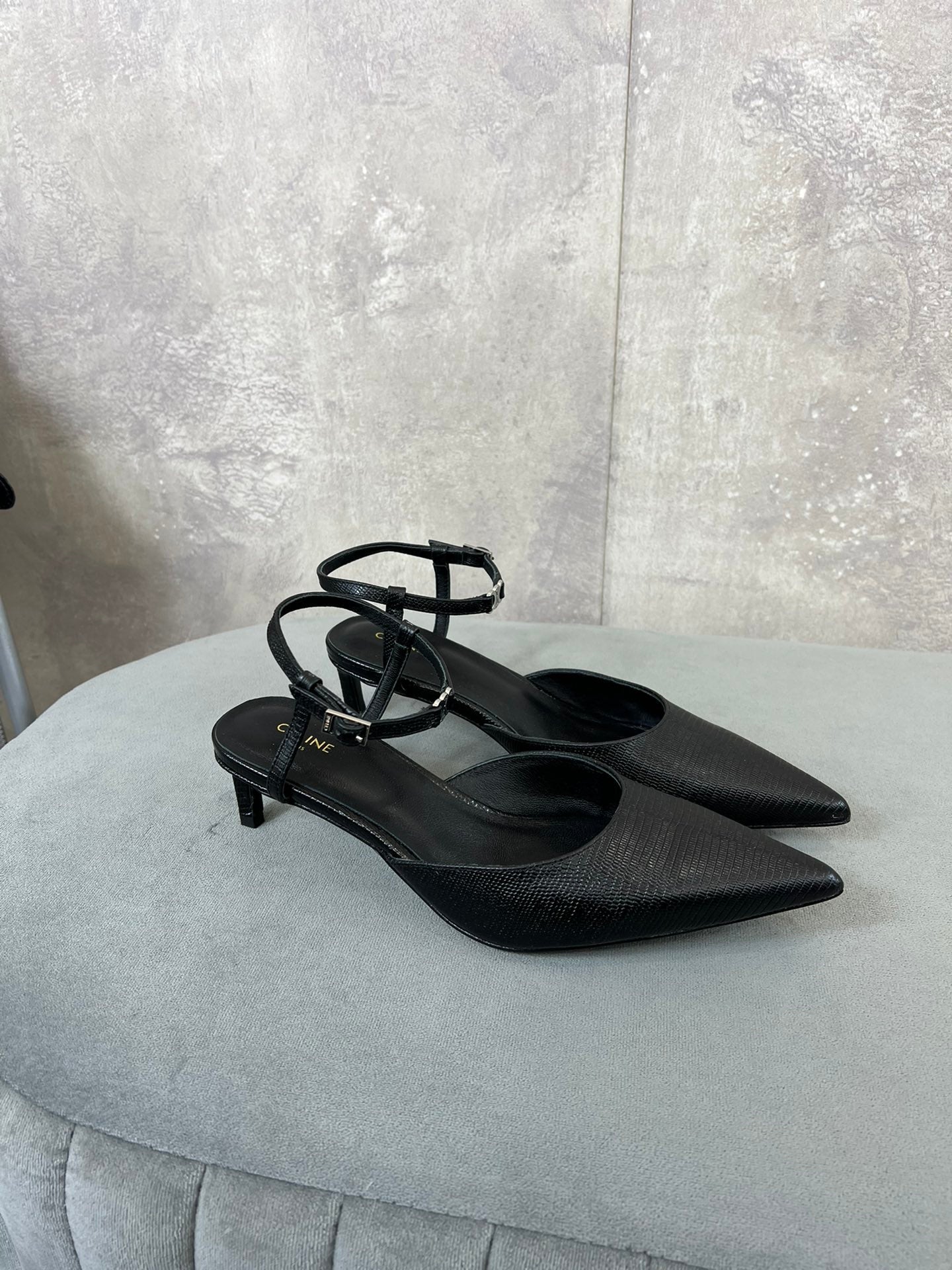 Celine cl kitten with strap 45 black lizard stamped calfskin