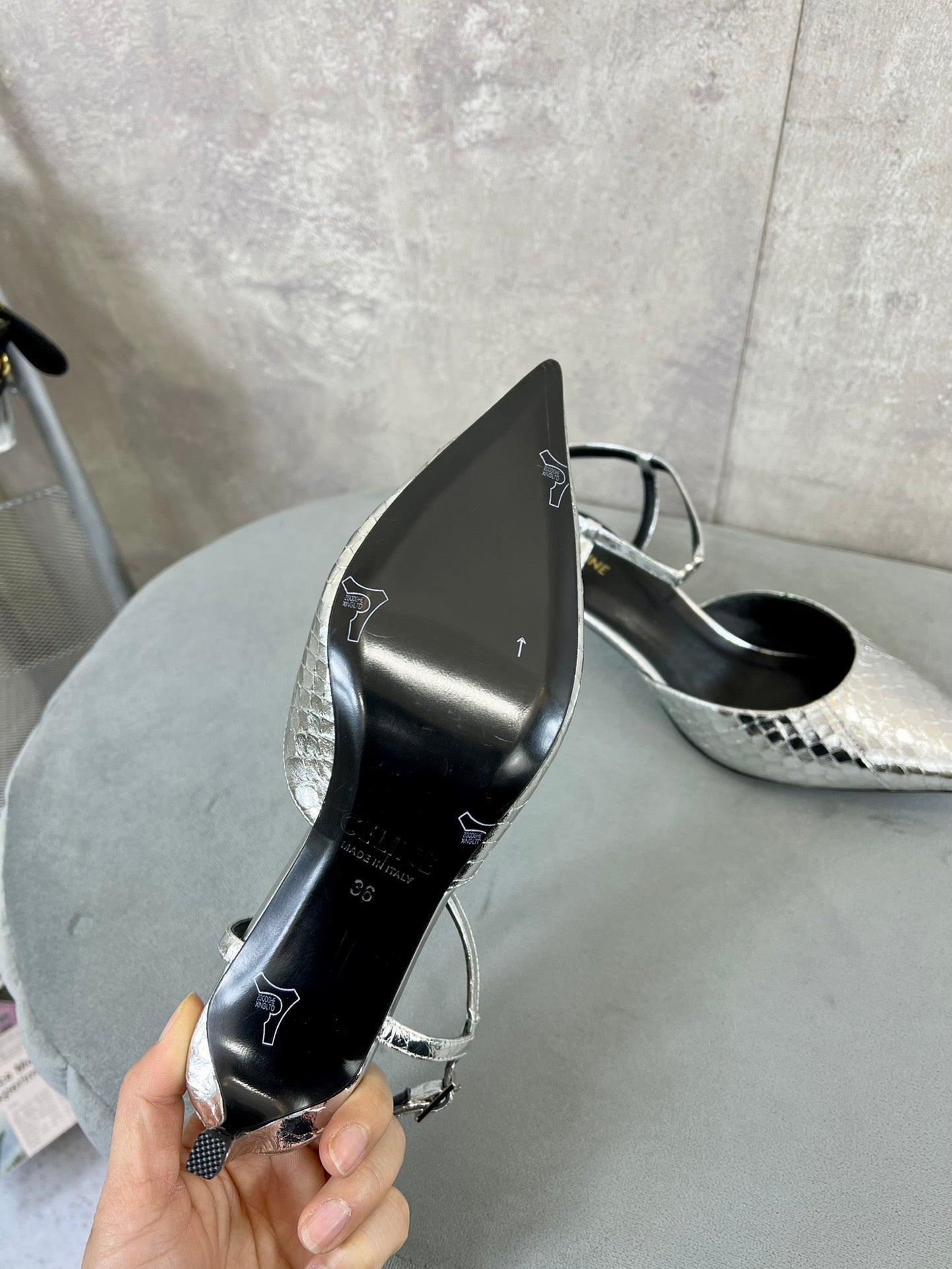 Celine cl kitten with strap 45 platinum lizard stamped metalized calfskin