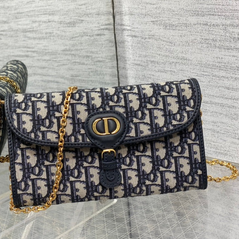 DIOR bobby east west pouch 22cm blue oblique with chain