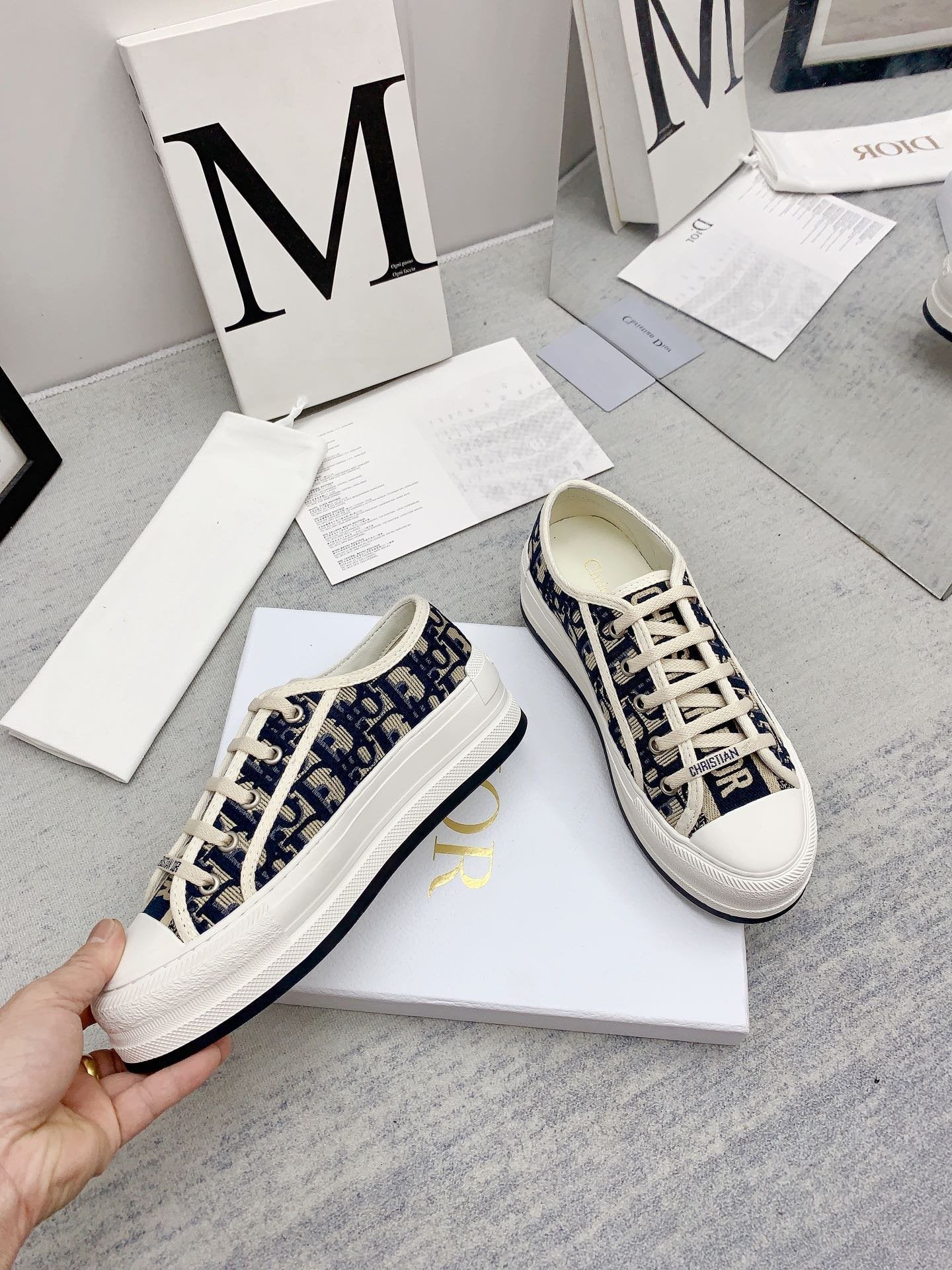 DIOR walkn 45 beige blue oblique embroidery canvas