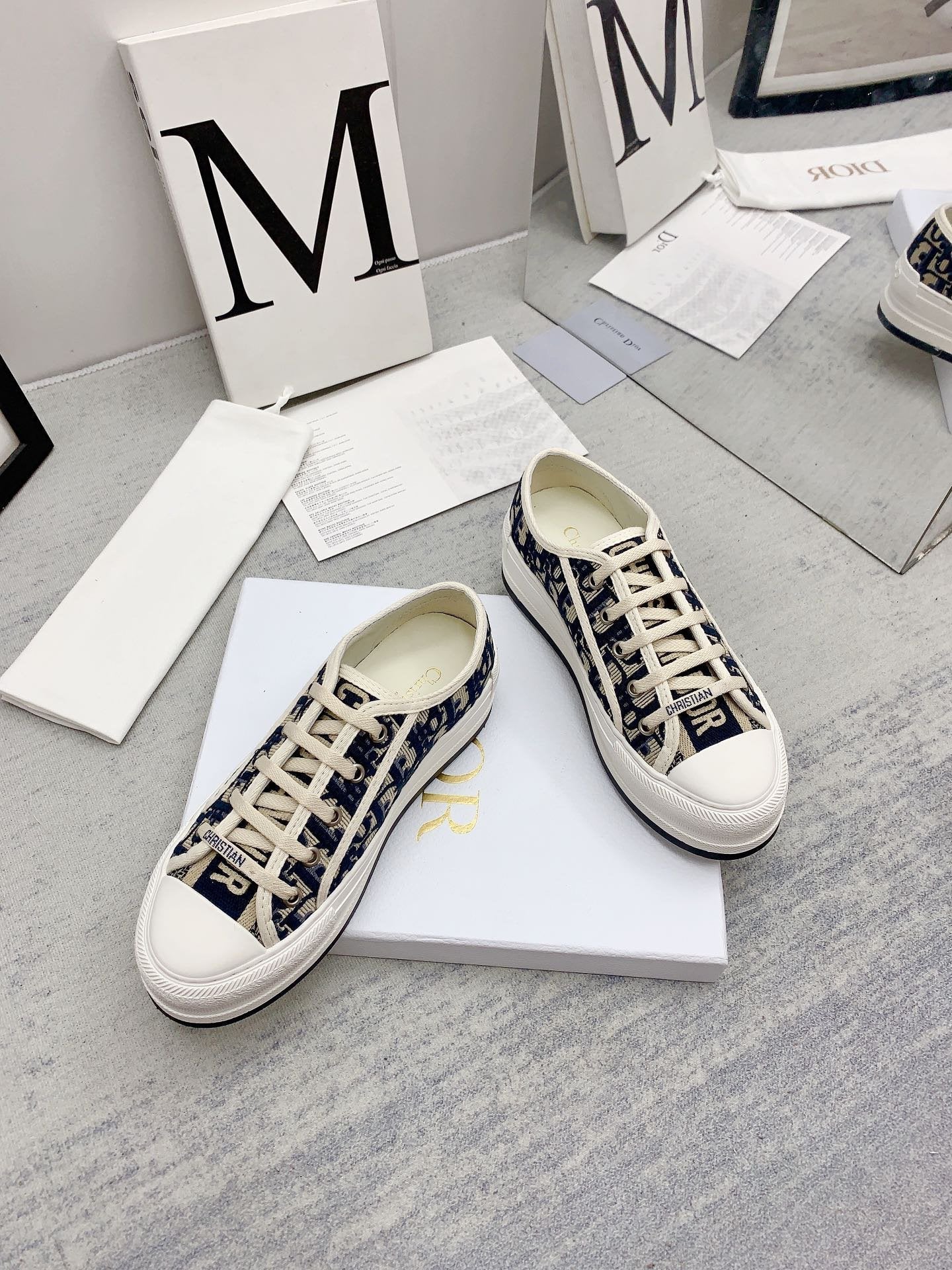 DIOR walkn 45 beige blue oblique embroidery canvas
