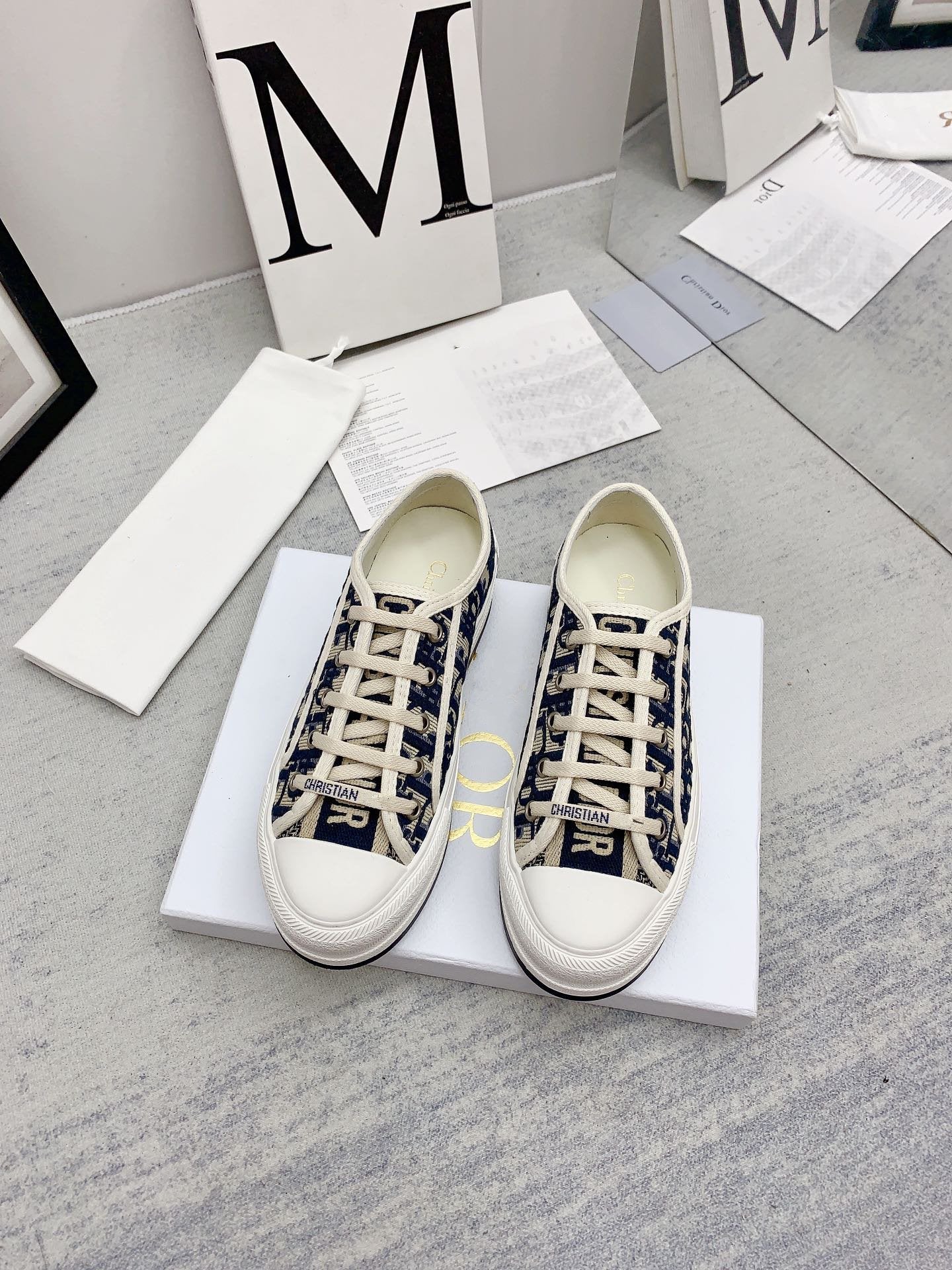 DIOR walkn 45 beige blue oblique embroidery canvas