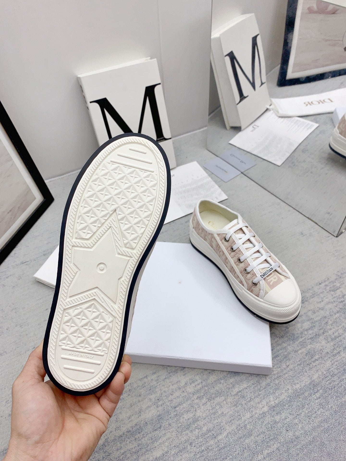 DIOR walkn 45 white light pink oblique embroidery canvas