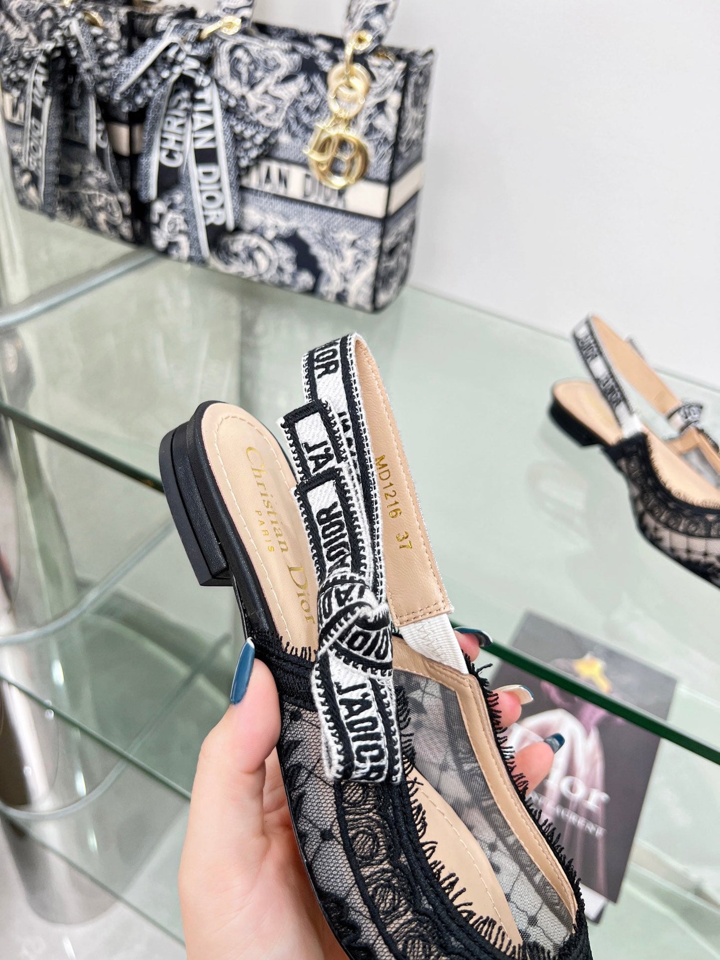 DIOR slingback flat transparent mesh embroidered black flower moitf