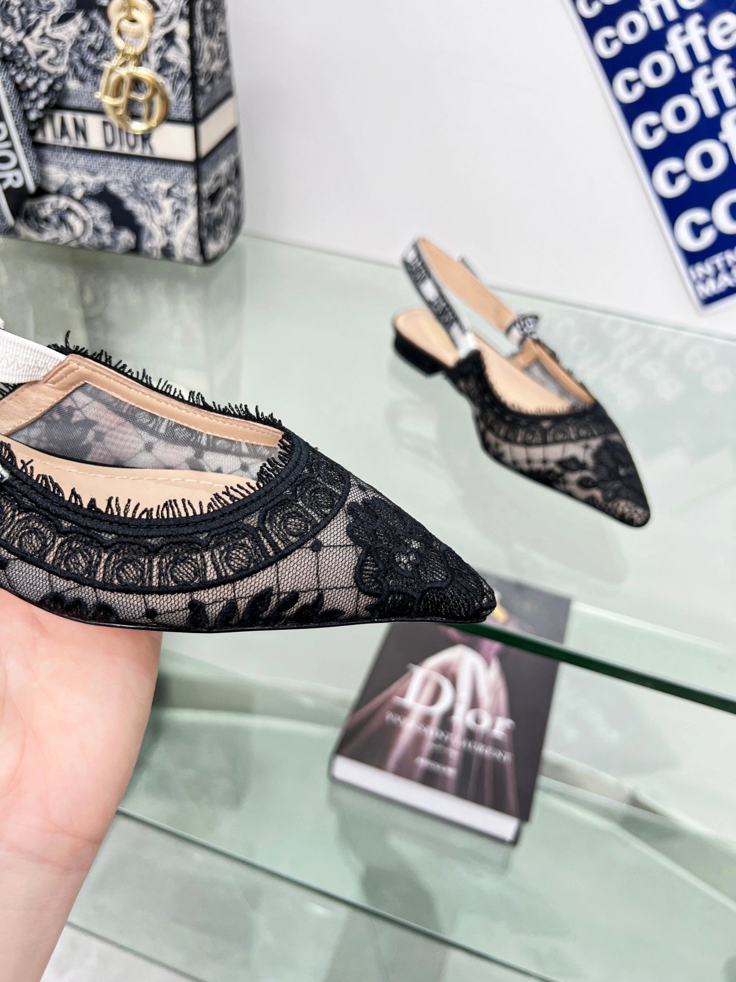 DIOR slingback flat transparent mesh embroidered black flower moitf