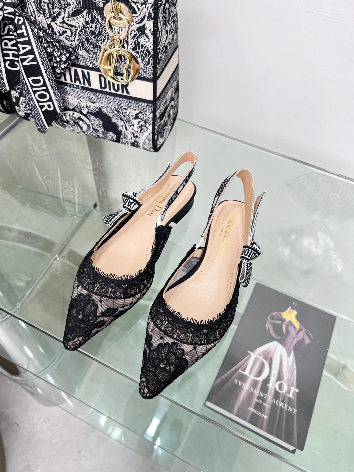DIOR slingback flat transparent mesh embroidered black flower moitf
