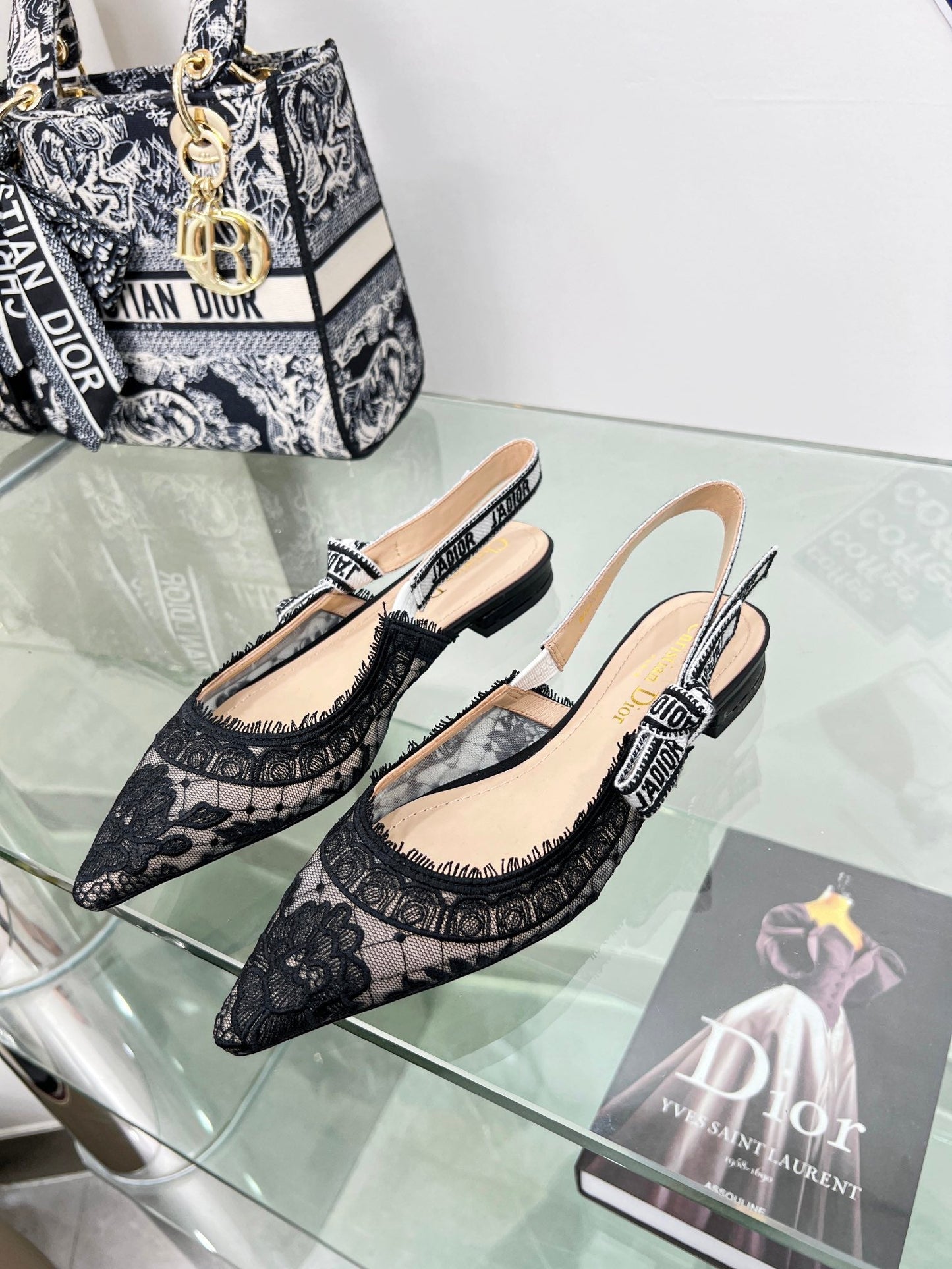 DIOR slingback flat transparent mesh embroidered black flower moitf
