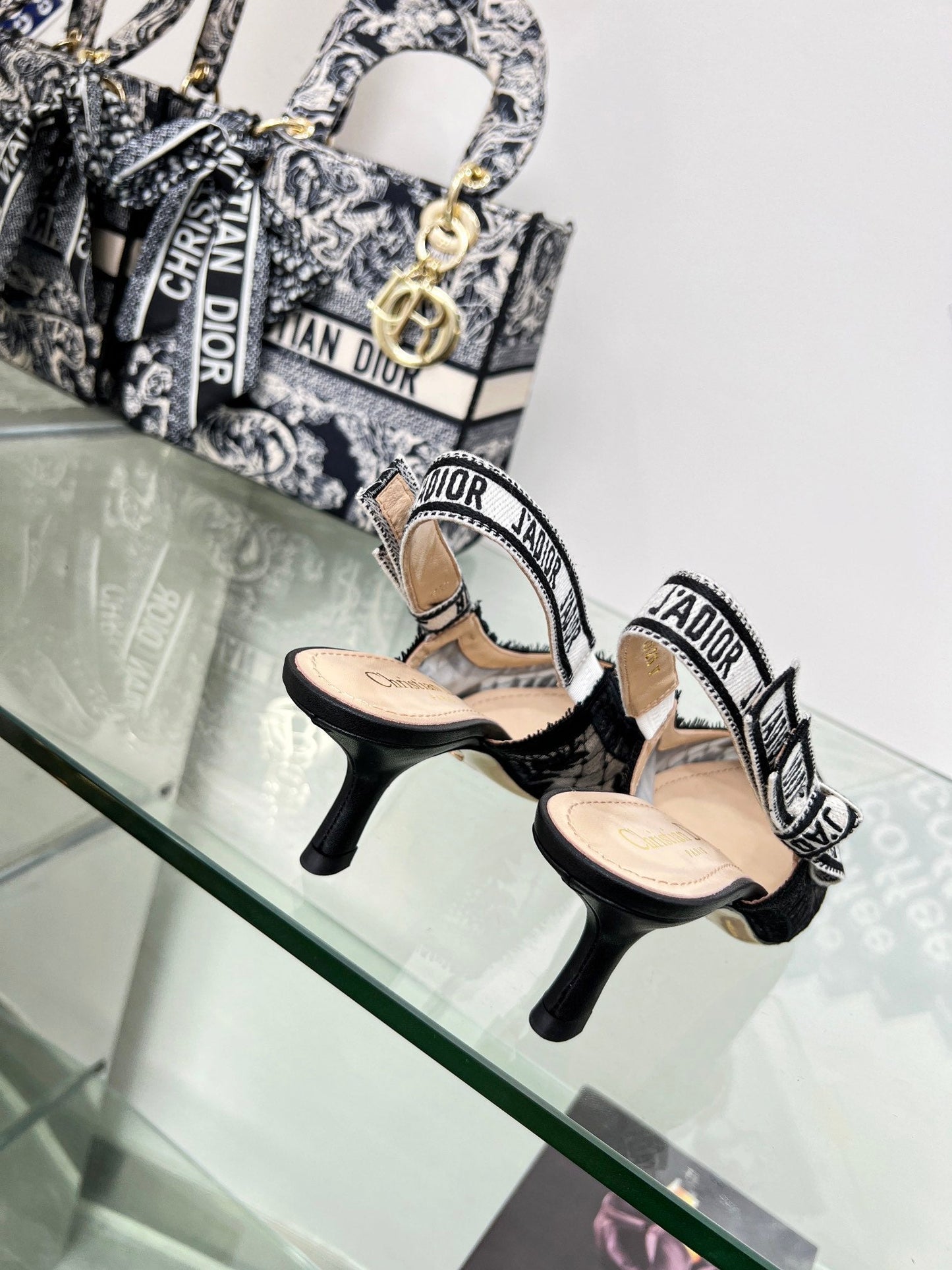 DIOR slingback pump 65 transparent mesh embroidered black flower moitf
