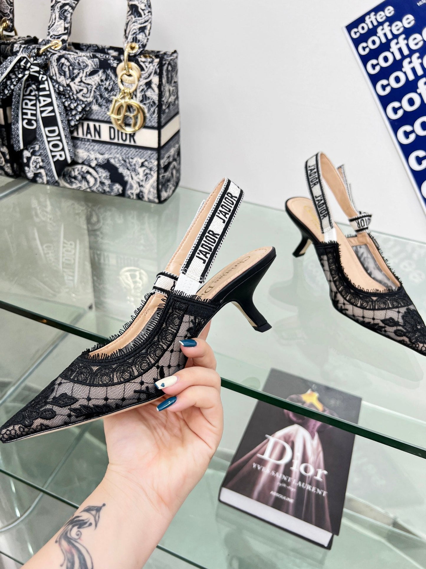 DIOR slingback pump 65 transparent mesh embroidered black flower moitf
