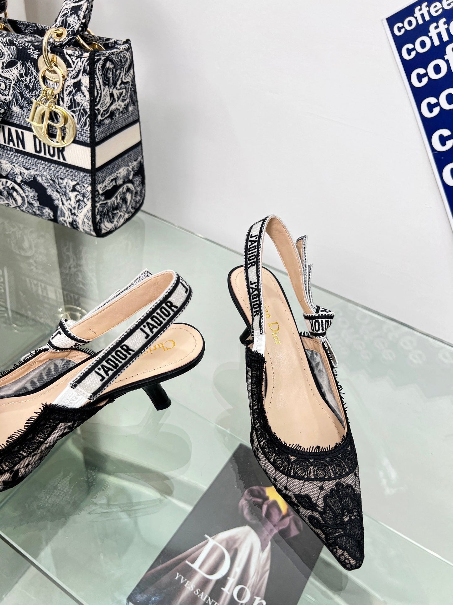 DIOR slingback pump 65 transparent mesh embroidered black flower moitf