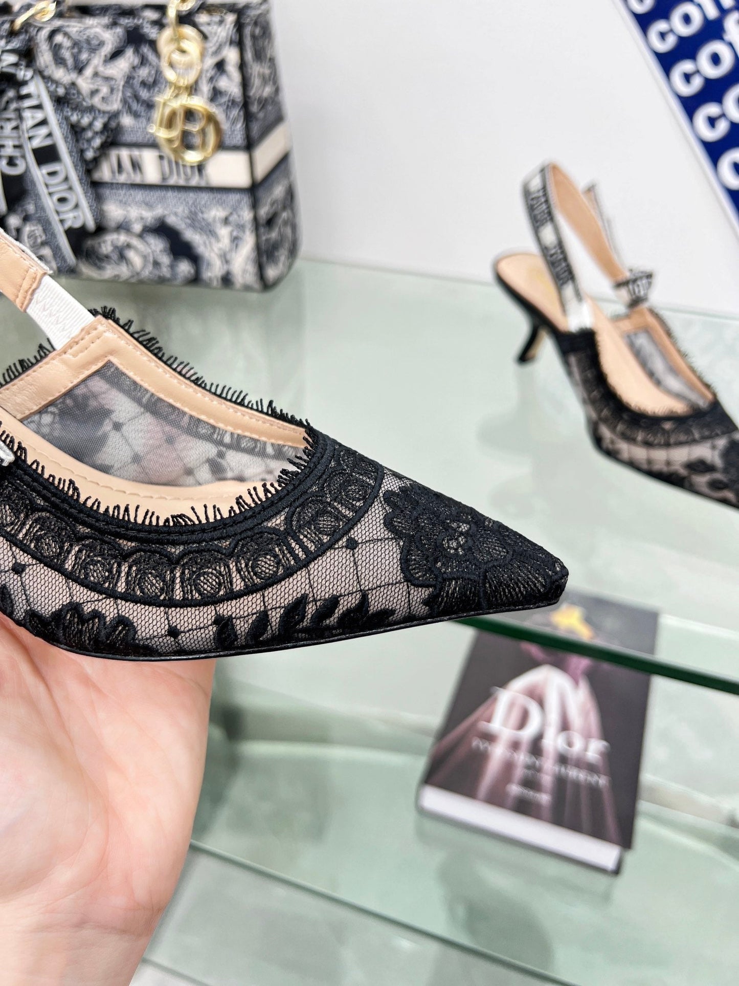 DIOR slingback pump 65 transparent mesh embroidered black flower moitf