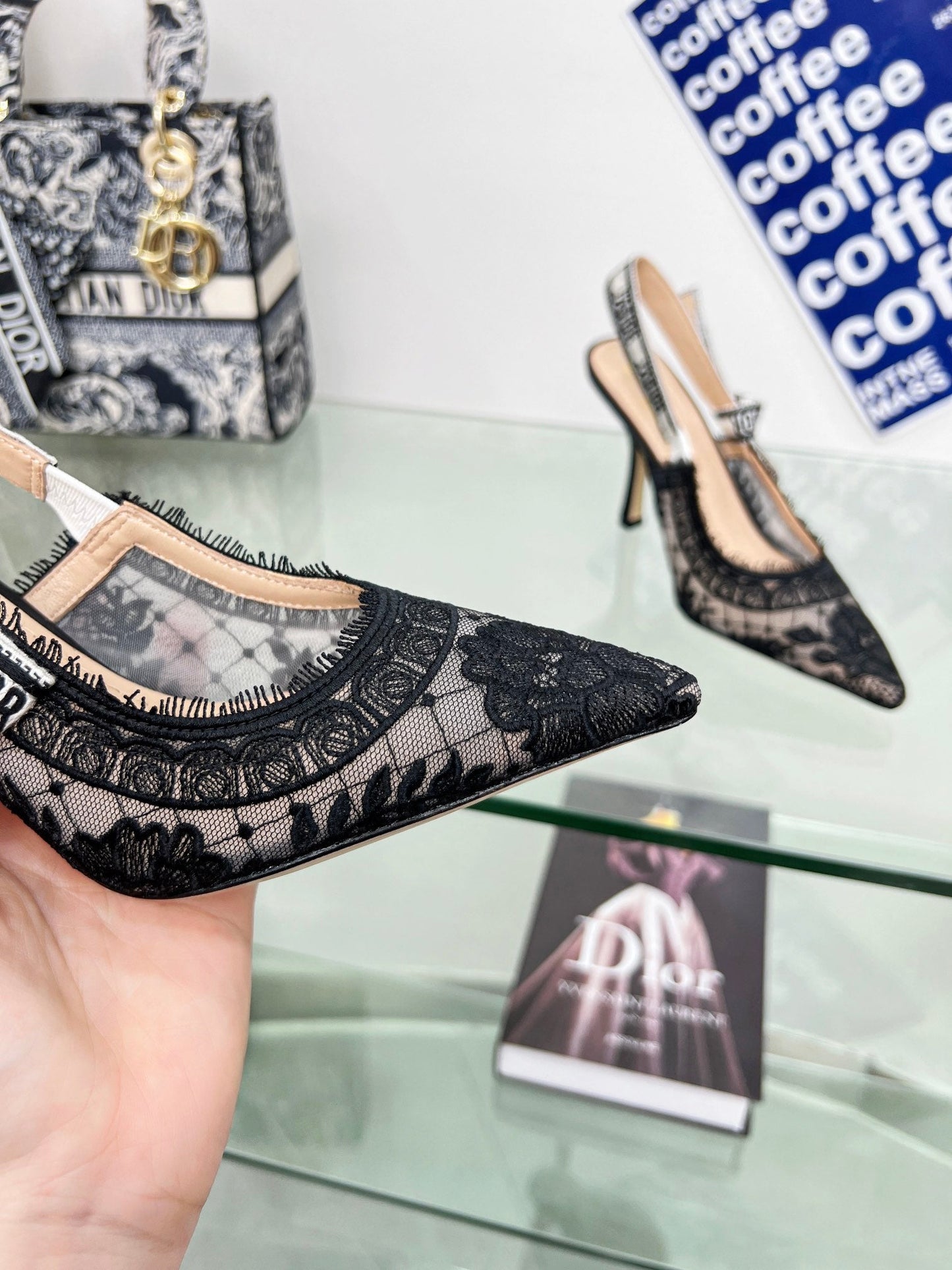 DIOR slingback pump 95 transparent mesh embroidered black flower moitf